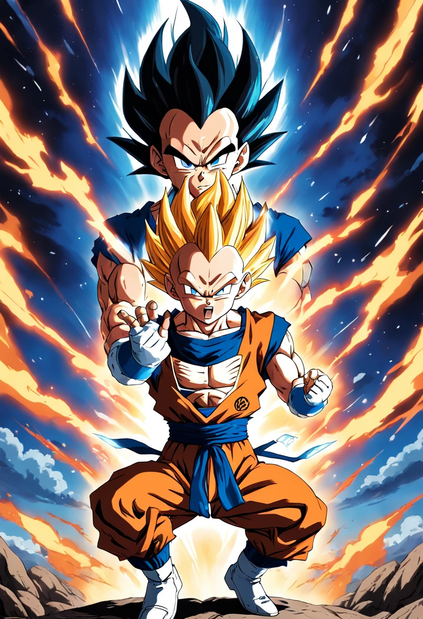 "Create a dynamic movie poster in the iconic style of Akira Toriyama's Dragon Ball Z, featuring Vegeta unleashing his full power as he transforms into Super Saiyan."