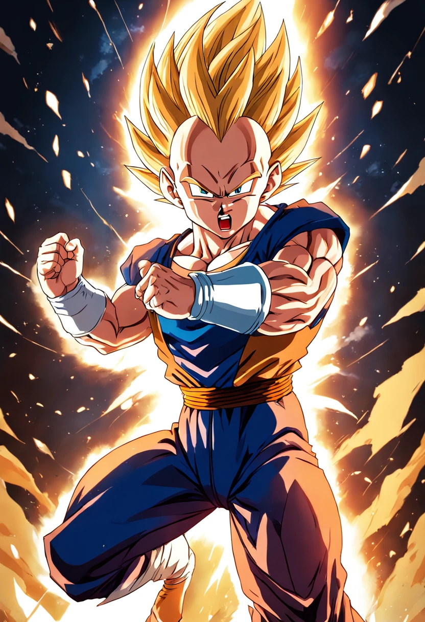 "Create a dynamic movie poster in the iconic style of Akira Toriyama's Dragon Ball Z, featuring Vegeta unleashing his full power as he transforms into Super Saiyan."