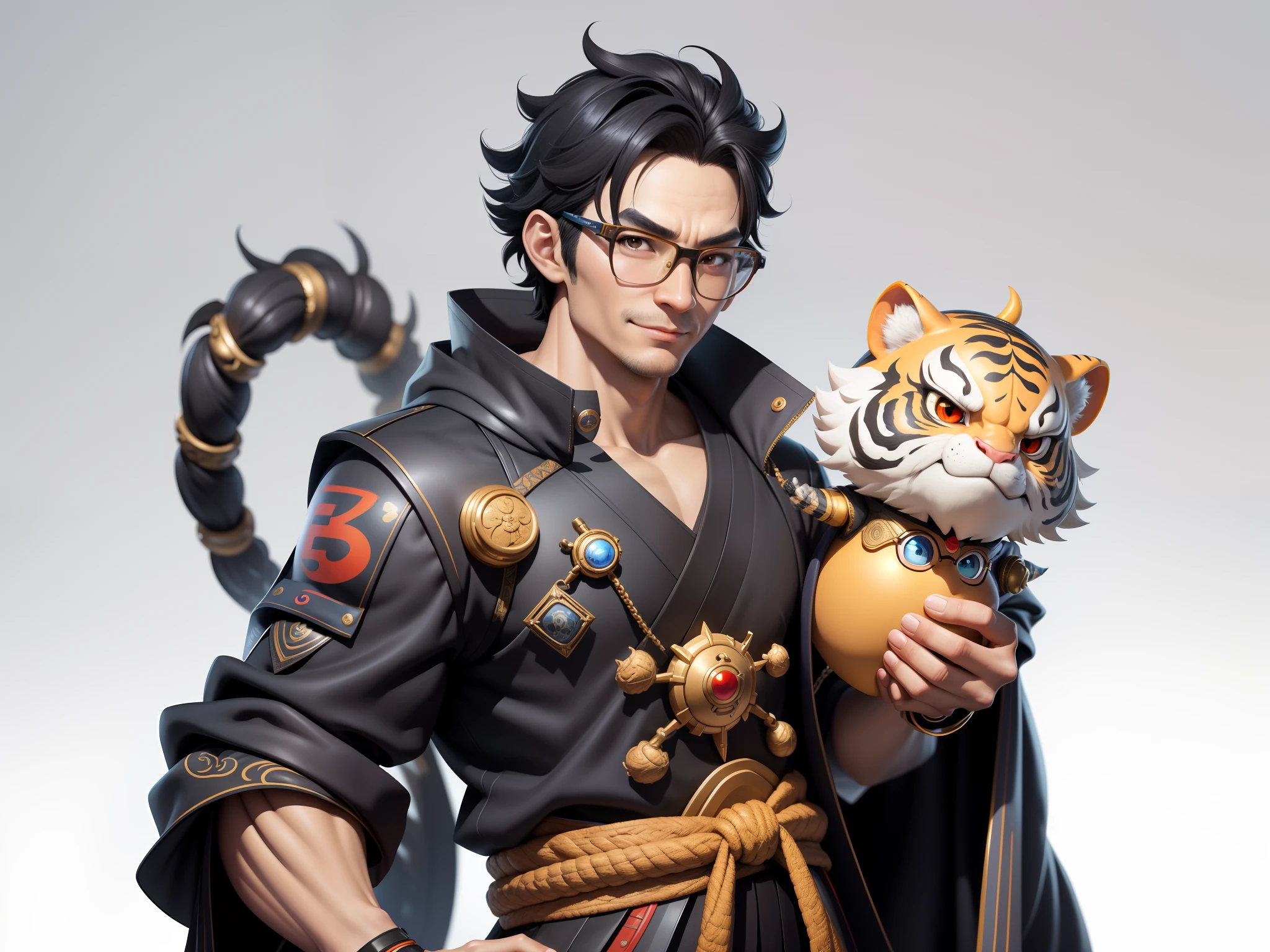 (Masterpiece), (Excellent), (Super Meticulous), (Full Body: 1.2), Super Young Man with Japanese Female Geisha, Pretty, Beautiful, Chinese Dragon, Tiger, Wind God Thor, Sexy, Bursting, Oriental Face, TV Anchor, Bust Portrait Illustration, Black Suit, Blue Tie, Slightly Chubby Face, Silver Glasses, Very Clean Face, No Beard on Chin, Black Super Short Hair, Black Eyes, Confident Smile, 3c Computer Sub-Products, iPad, iPhone, Digital Painting, 3D character design by Mark Clairedon and Pixar and Hayao Miyazaki and Akira Toriyama, the illustrations are HD illustrations in 4K resolution with highly detailed facial features and cartoon-style visuals.