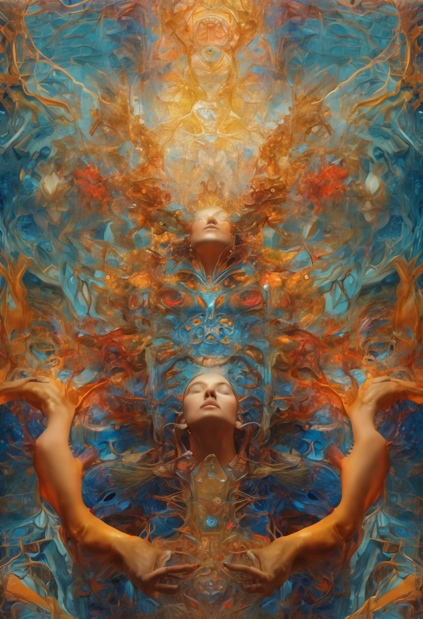 Beautiful symmetrical full body photo painted in oil with thick brushstrokes and wet paint, Fibonacci, golden ratio, melted wax, visible brushstrokes, surrounded by crystal spheres, 3D tessellation wireframe, neural graphic, neurons, tree of life, color, love, passion, oil on canvas, thick brushstrokes, insanely detailed, 8k uhd, masterpiece, artstation, surreal