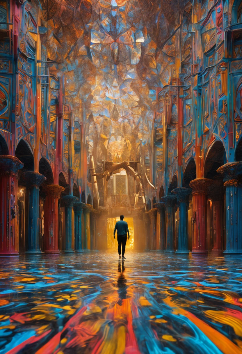 Beautiful symmetrical full body photo painted in oil with thick brushstrokes and wet paint, Fibonacci, golden ratio, melted wax, visible brushstrokes, surrounded by crystal spheres, 3D tessellation wireframe, neural graphic, neurons, tree of life, color, love, passion, oil on canvas, thick brushstrokes, insanely detailed, 8k uhd, masterpiece, artstation, surreal
