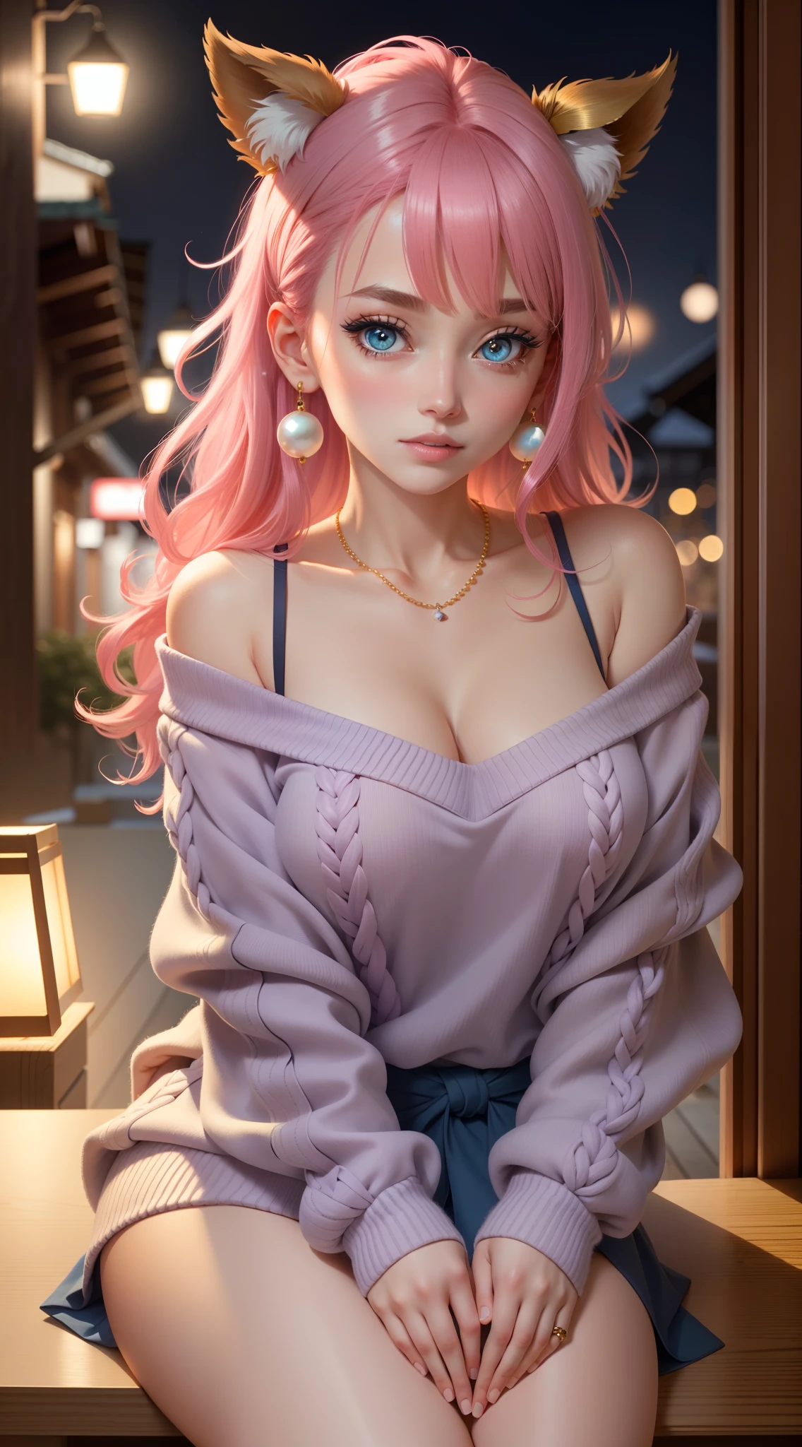 hair ornaments, long hair, wave hair ornaments, blush,pink hair,green eyes, smile,The front of the pink coat is open,white off shoulder sweater,naked neck,bare shoulders,bare clavicle,mini skirt,black  fishnets,short boots,Sitting on a bench in a station,winter,meeting,evening,sunset,
break looking at viewer, 
break outdoors, station entrance, 
break (masterpiece:1.2), highest quality, High resolution, unity 8k wallpaper, (figure:0.8), (detailed and beautiful eyes:1.6), highly detailed face, perfect lighting, Very detailed CG, (perfect hands, perfect ???????),