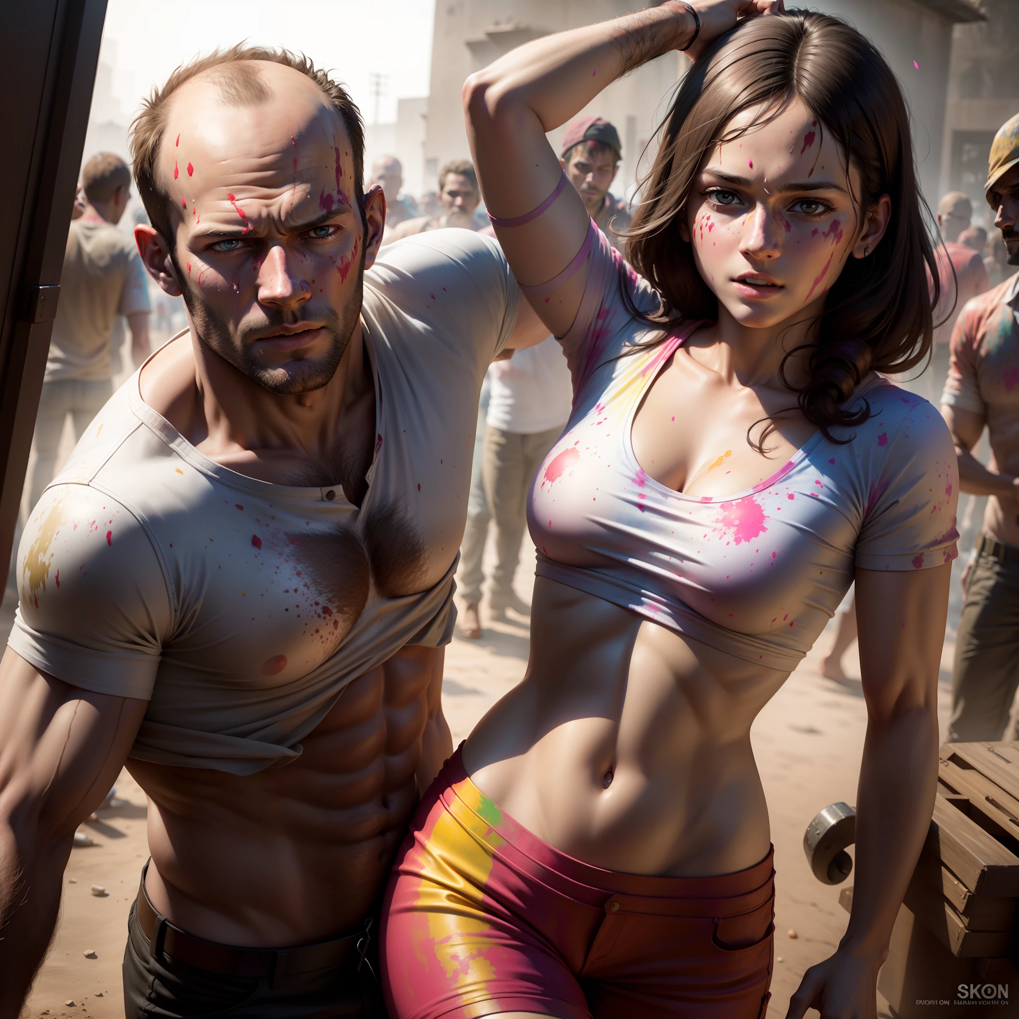 Jason statham playing holi with girl, realistic face , 8k,