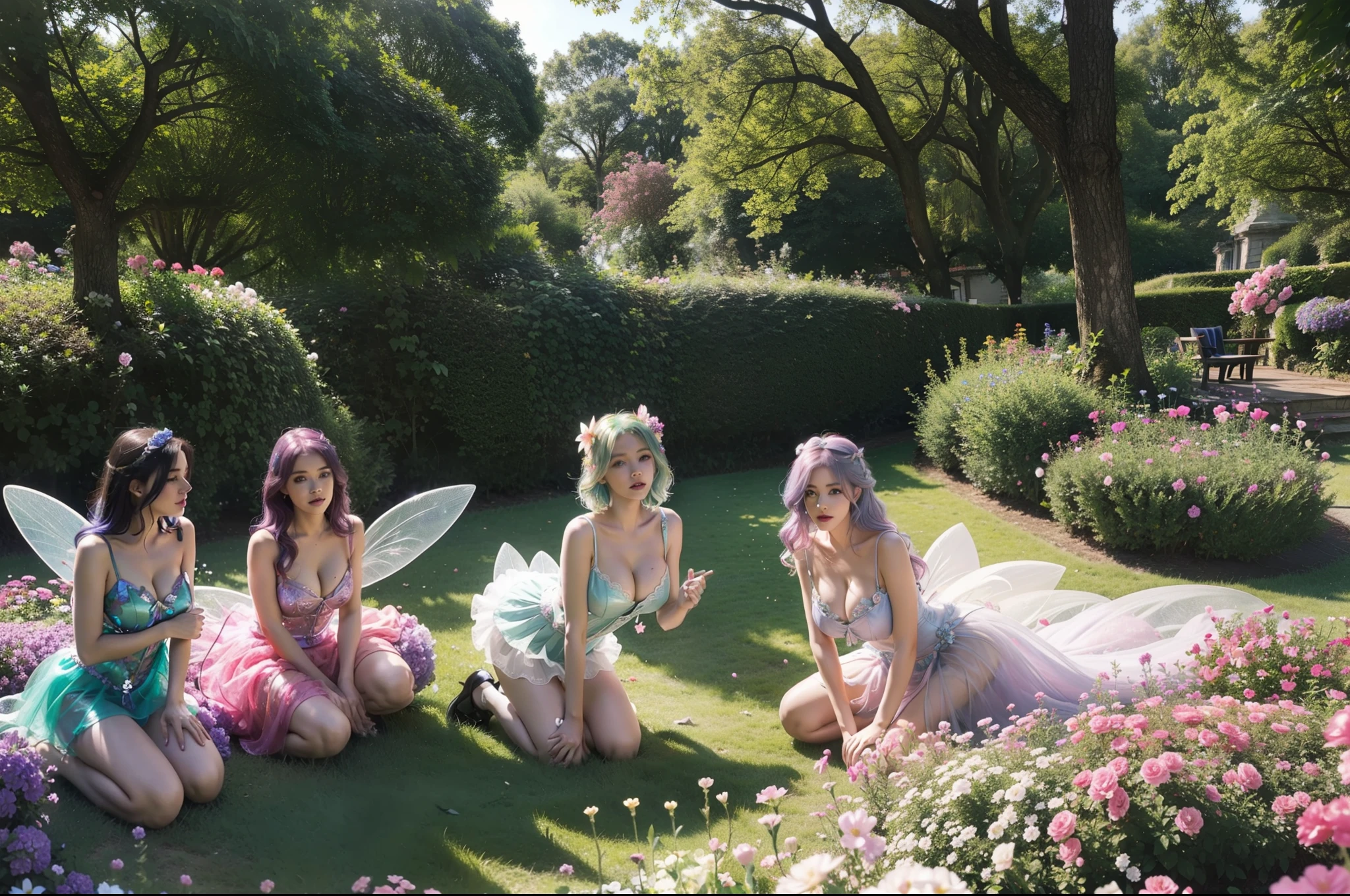 photo of 3 mature Flower fairies wearing  latex club costumes, flying by fairies wings, in flower gardens, daylight, deep shadow, photorealistic, realism, real, masterpiece, best quality, wide angle shot, full body view, real skin feeling, blonde hair, blue hair, black hair, brown hair, pink hair, silver hair, purple hair, grey hair, red hair, green hair, huge breasts deep cleavage