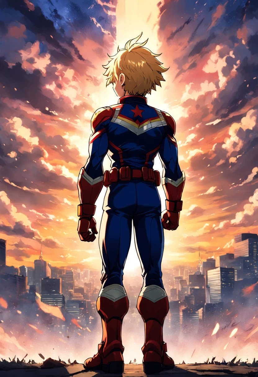 Create a movie poster inspired by Kohei Horikoshi's "My Hero Academia" style, featuring All Might in his hero uniform gazing into the sunset, back turned to the camera