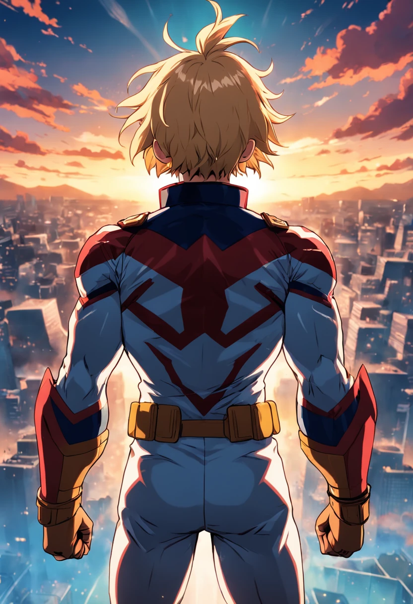 Create a movie poster inspired by Kohei Horikoshi's "My Hero Academia" style, featuring All Might in his hero uniform gazing into the sunset, back turned to the camera