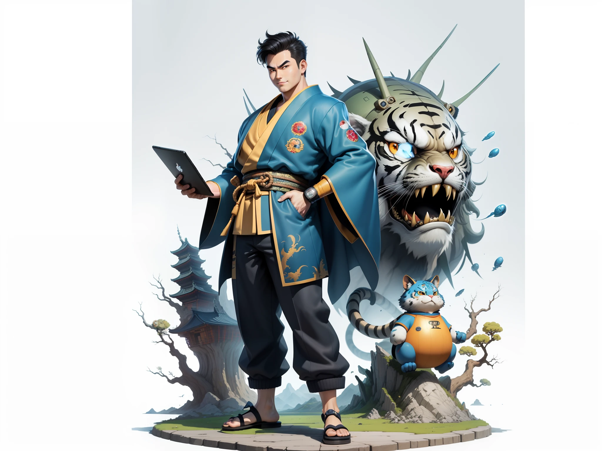 (Masterpiece), (Excellent), (Super Meticulous), (Full Body: 1.2), Super Young Man, Oriental Face, Japanese Kimono, Japanese Wind Thunder God, Dragon, Tiger, TV Anchor, Bust Portrait Illustration, Alone, Black Suit, Blue Tie, Slightly Chubby Face, Very Clean Face, No Beard, Black Super Short Hair, Black Eyes, Confident Smile, 3c Computer Sub-Products, iPad, iPhone, Digital Painting, 3D Character Design by Akira Toriyama and Mark Claireden and Pixar and Hayao Miyazaki, The illustration is a high-definition illustration in 4K resolution with very detailed facial features and cartoon-style visuals.