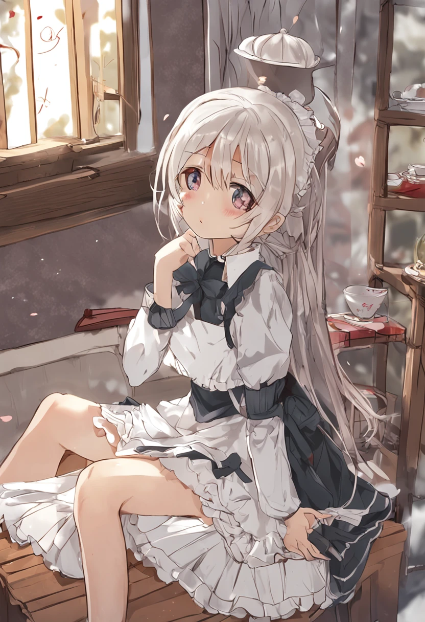 One girl、whaite hair、Maid clothes、（The maid's skirt was lifted，Panties are taken off，Bare buttocks，Panties are taken off）Being spanked with a wooden board，There are red scars on the buttocks， weeping，Cute Baby Turtle、tmasterpiece、Top image quality、top-quality。coffeehouse