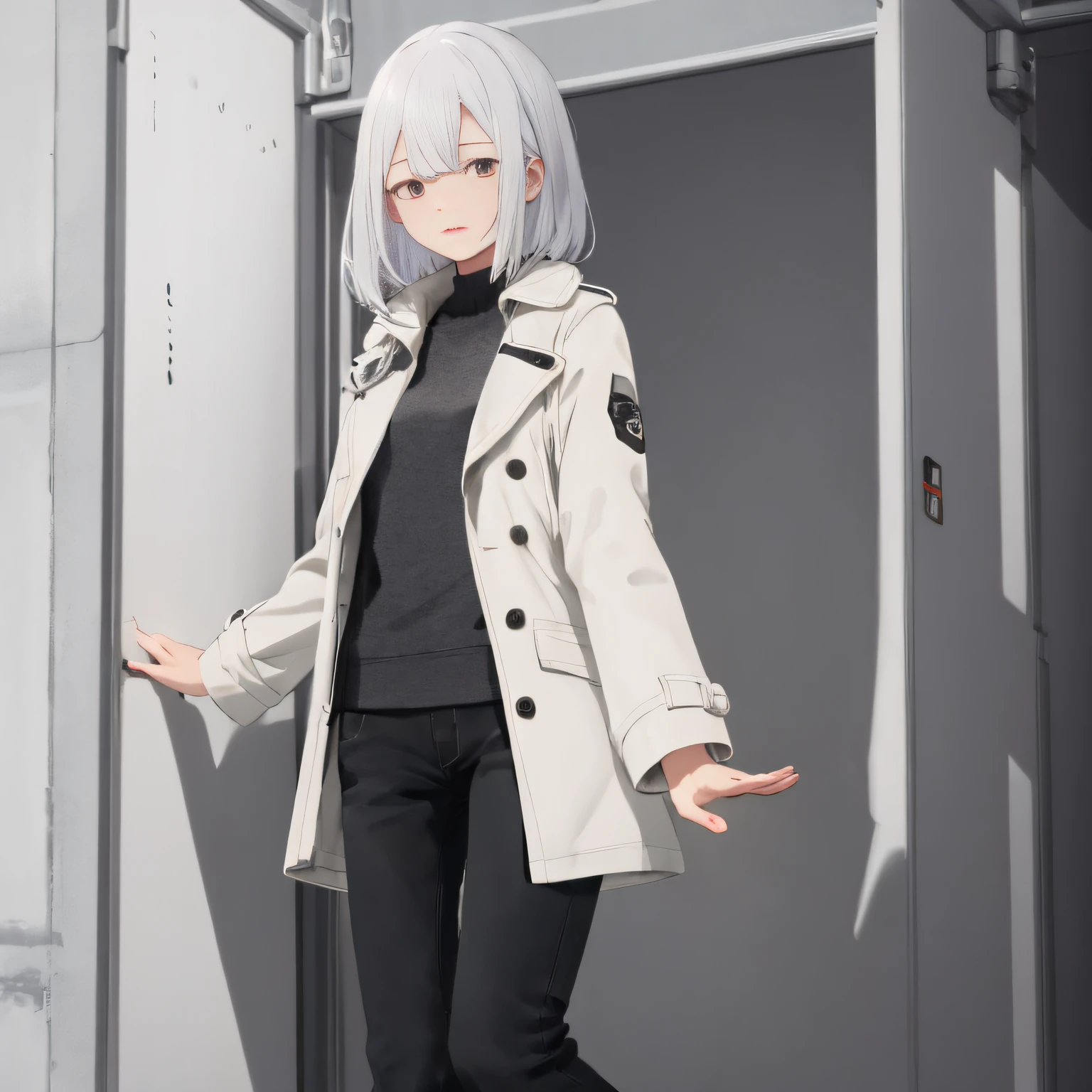 white color hair,White trench coat, Tech-sense background,Box eyes,femele