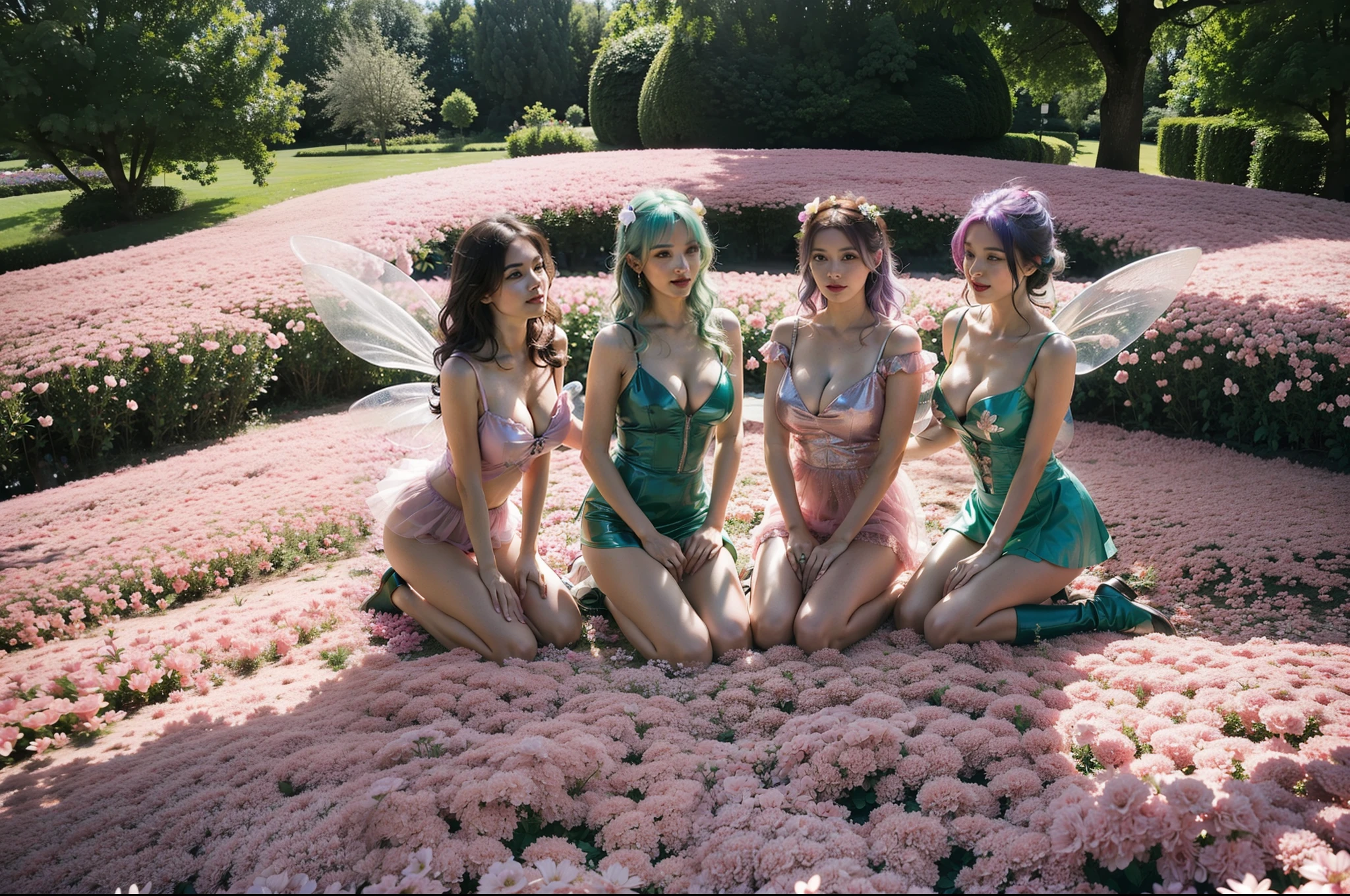 photo of 3 mature Flower fairies wearing latex club costumes, flying by fairies wings, in flower gardens, daylight, deep shadow, photorealistic, realism, real, masterpiece, best quality, wide angle shot, full body view, real skin feeling, blonde hair, blue hair, black hair, brown hair, pink hair, silver hair, purple hair, grey hair, red hair, green hair, huge breasts deep cleavage