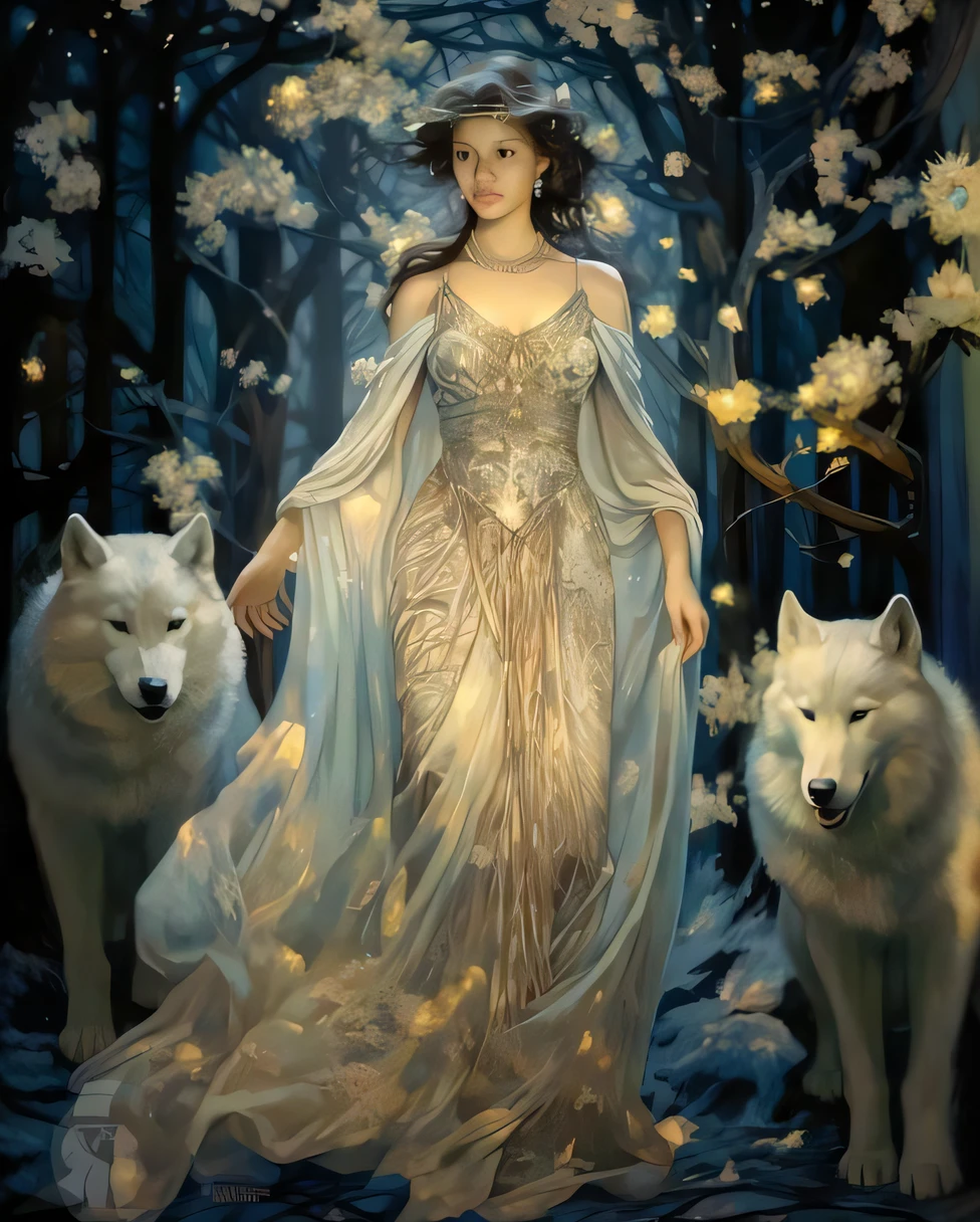uma mulher em um vestido branco e dois lobos brancos, deusa do inverno, bela arte de fantasia, arte de fantasia muito bonita, Directed by: Cynthia Sheppard, Deusa da Floresta, pintura de fantasia bonita, inspirado em Cynthia Sheppard, Luthien, breathtaking fantasy art, Rainha da Floresta, Rainha do Inverno, Magali Villeneuve», ethereal beauty, hecate goddess