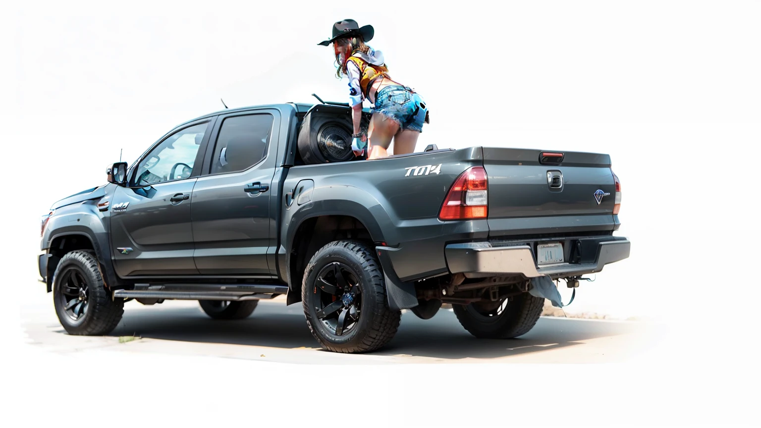 WOMAN ON TOP OF A PICKUP TRUCK DANCING BRAZILIAN FUNK IN THE BODY, THE WOMAN IS A COWGIRL, USA ROUPAS SERTANEJAS, ULTRA REALISTA COM GRAFICOS REAIS. THE PICKUP IS A TOYOTA HILUX WITH BLACK WINDOWS AND HAS A POWERFUL SOUND.