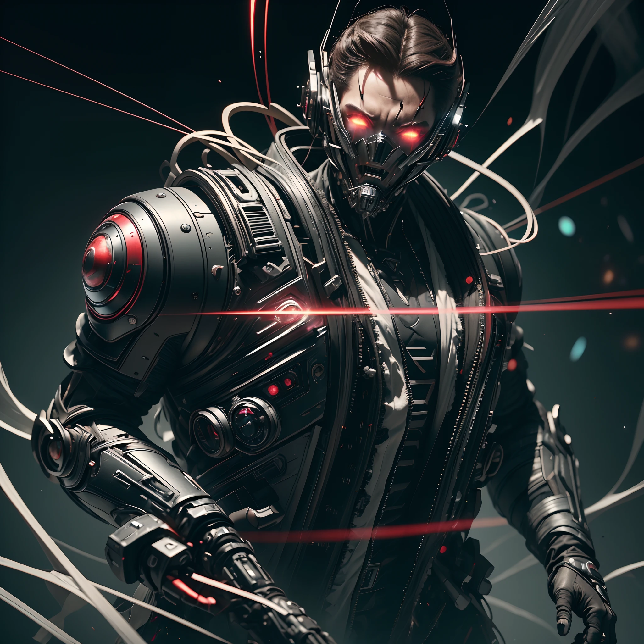 ((Best quality)), ((masterpiece)), (detailed:1.4), 3D, an image of a fully masked cyberpunk male with thick voluminous hair emerging from the Evil red powers, ripped wires in the background, light particles, pure energy chaos antitech,HDR (High Dynamic Range),Ray Tracing,NVIDIA RTX,Super-Resolution,Unreal 5,Subsurface scattering,PBR Texturing,Post-processing,Anisotropic Filtering,Depth-of-field,Maximum clarity and sharpness,Multi-layered textures,Albedo and Specular maps, Perfect proportions,Octane Render,Wide aperture,Low ISO,Red balance,Rule of thirds,8K RAW