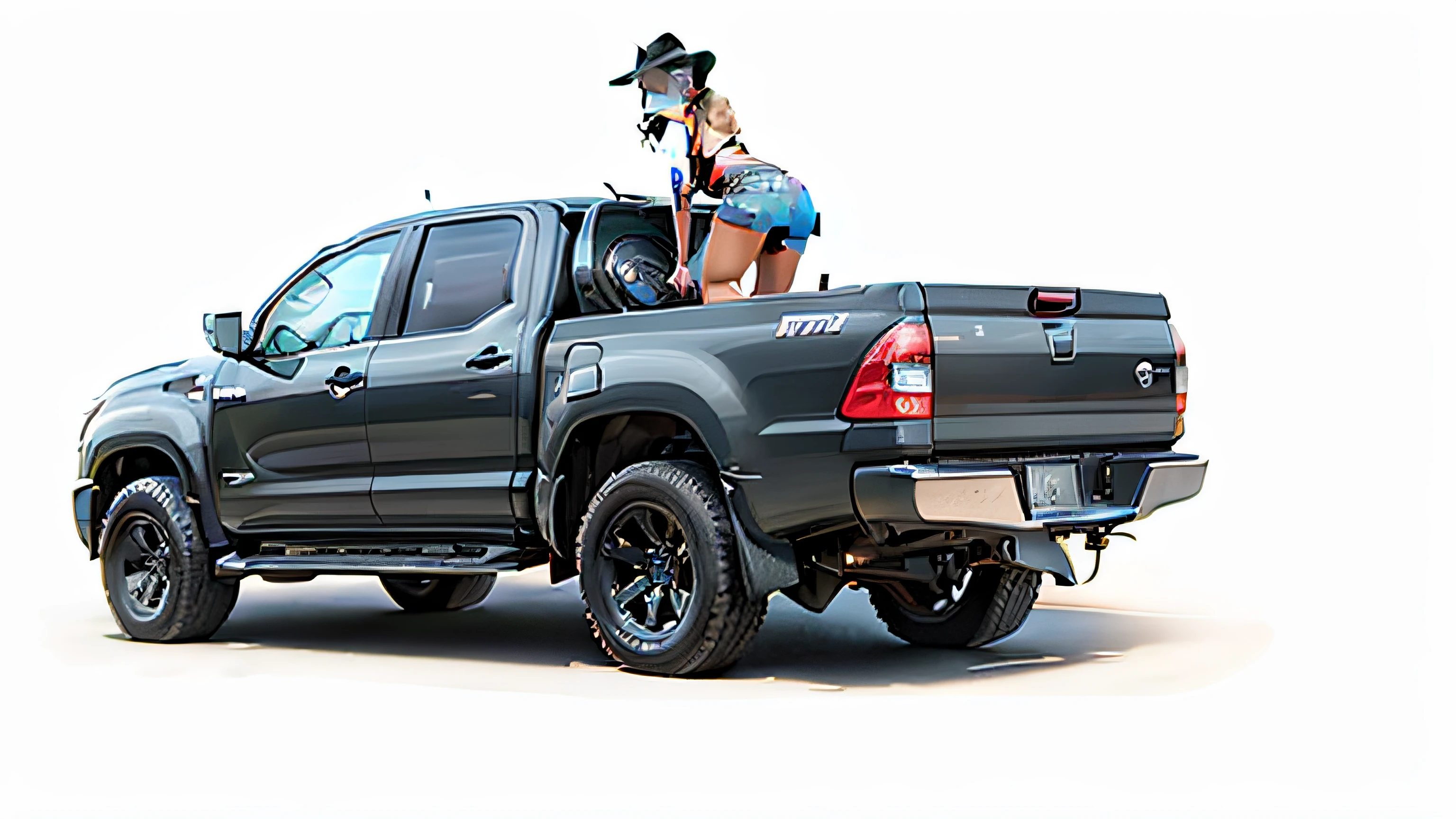 WOMAN ON TOP OF A PICKUP TRUCK DANCING BRAZILIAN FUNK IN THE BODY, THE WOMAN IS A COWGIRL, USA ROUPAS SERTANEJAS, ULTRA REALISTA COM GRAFICOS REAIS. THE PICKUP IS A TOYOTA HILUX WITH BLACK WINDOWS AND HAS A POWERFUL SOUND.