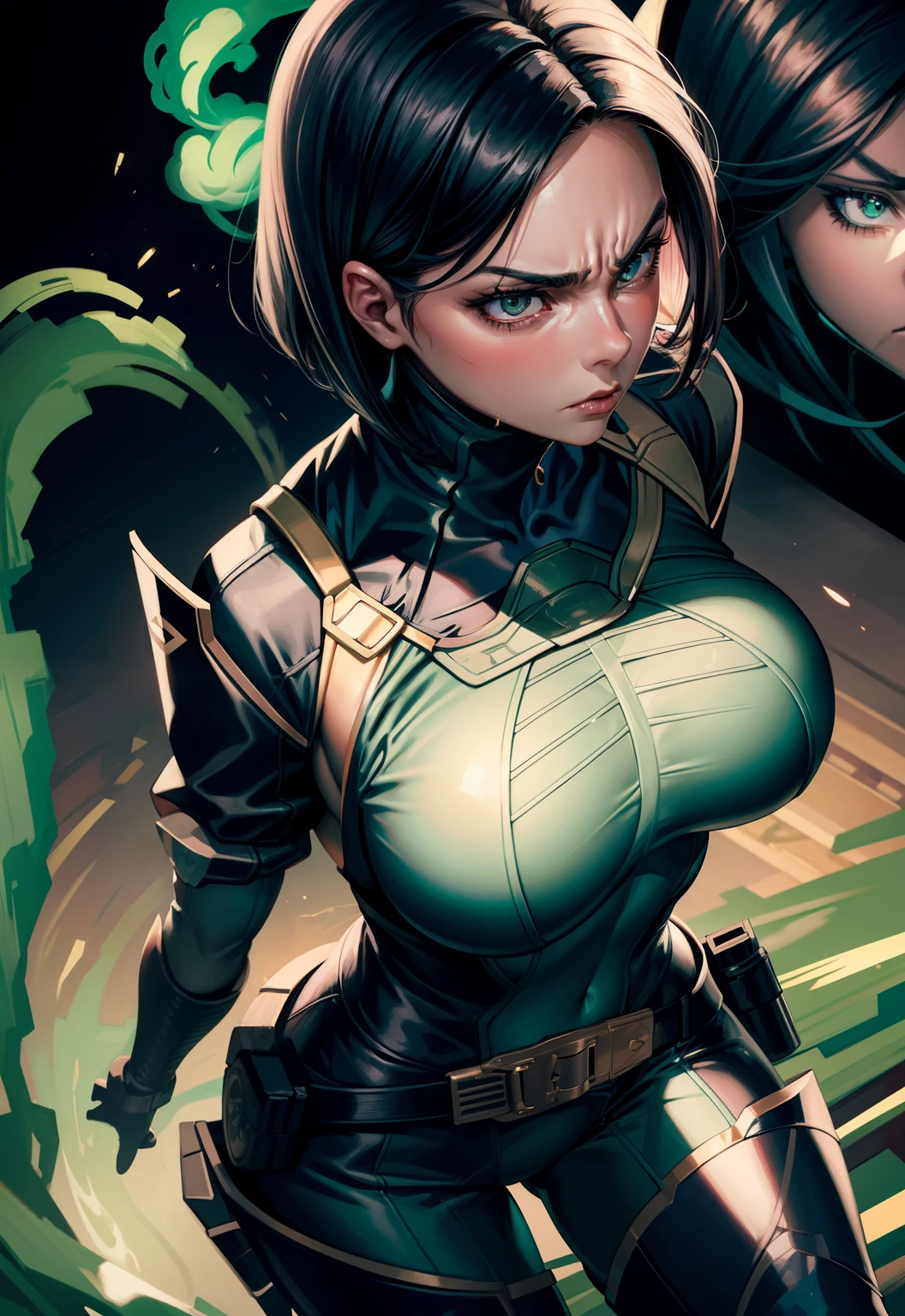 Masterpiece, Best quality,Look at the woman from below ，《Fearless viper》, tightsuit, mitts, belt, thigh boots, respirator, view the viewer, face, Portrait, Close-up, Red-faced，Glowing eyes, green smoke, Black background,huge tit，Raised chest，Close-up of chest，oversized boobs，chest focus，Woman in a swimsuit，angry look，Extremely erotic figure，Staring angrily at the screen，Facing the screen，High-gloss dark style