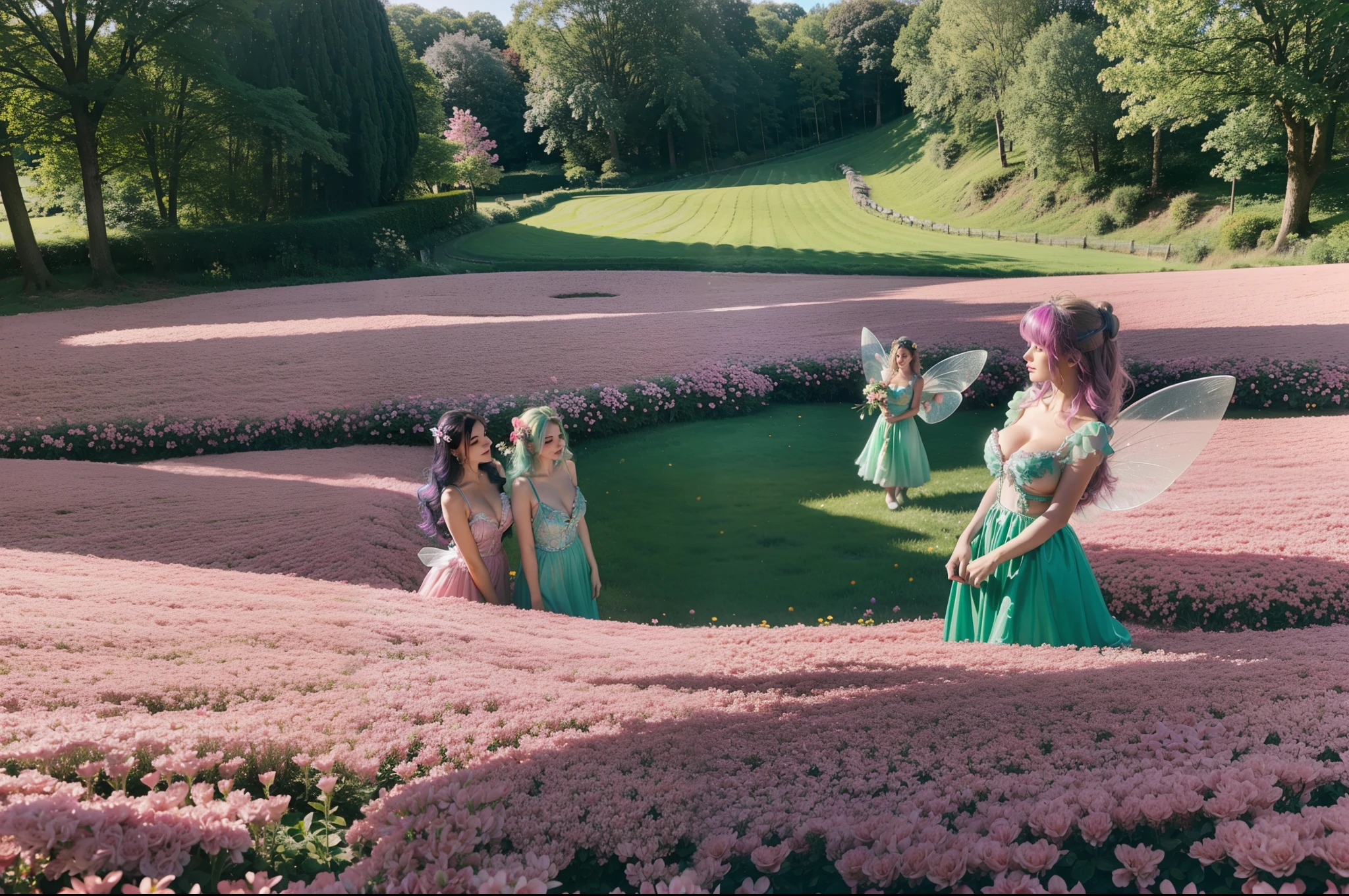 photo of 3 mature Flower fairies wearing latex club costumes, flying by fairies wings, in flower gardens, daylight, deep shadow, photorealistic, realism, real, masterpiece, best quality, real skin feeling, blonde hair, blue hair, black hair, brown hair, pink hair, silver hair, purple hair, grey hair, red hair, green hair, huge breasts deep cleavage