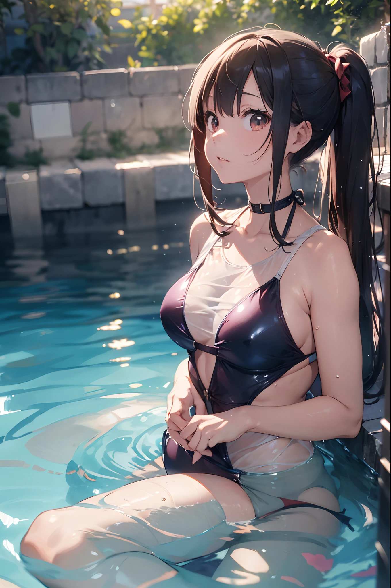 Beautiful fece, masterpiece, top-quality, hiqcgbody, animesque, 1girl in, Medium chest, The bikini, (transparent transparent red swimsuit), portrait shot, Look at viewers, Partially submerged, Outdoor pool, (silber hair),poneyTail,wetted skin, intricate detailes,>,((coverd)