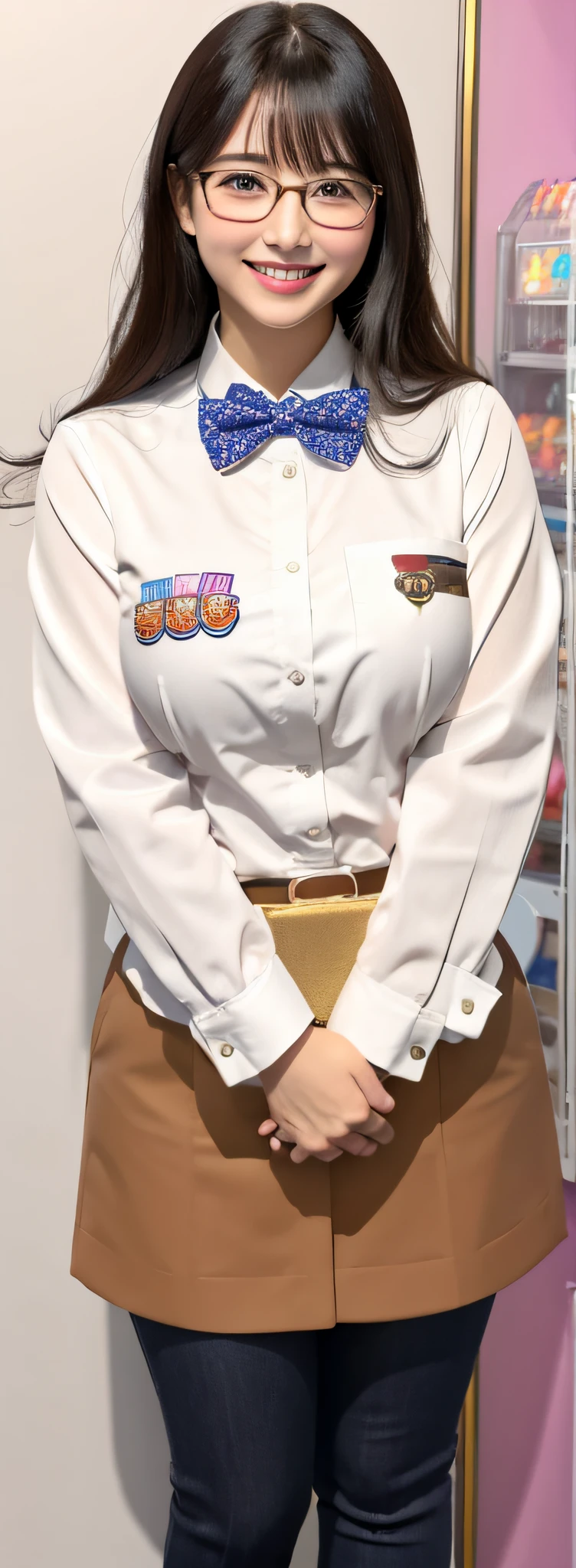 Female staff at a pachinko parlor、suits、Upper Eyes、eye glasses、huge smile、