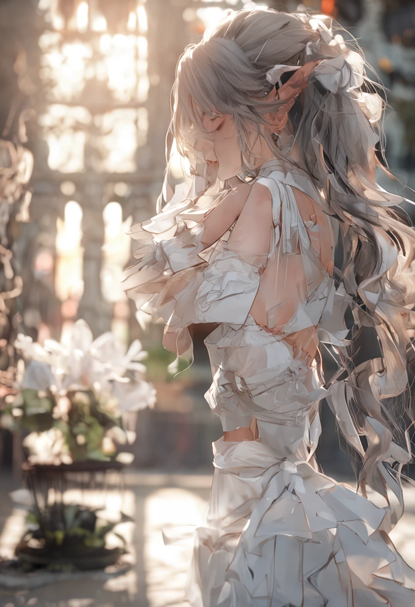 (tmasterpiece), (best qualtiy), A high resolution, kei1, 1girl, 独奏, eBlue eyes, long whitr hair, (The white Venezuelan dress and panties were taken off,Bare buttocks,Panties are taken off), ribbons, By bangs, 鎖骨, (greyt hair), black hair band, Neck strap, hair between eye, mediuml breasts, cow boy shot, weeping,Lie on the table (Anatomically correct whole body), This is in the Venezuelan house,Being spanked with a wooden board,There are red scars on the buttocks