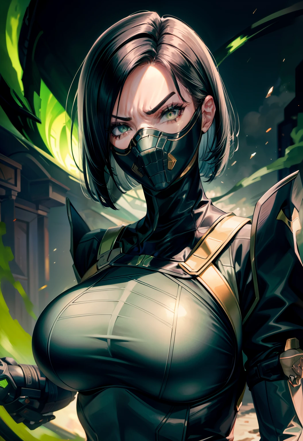 Masterpiece, Best quality,Look at the woman from below ，《Fearless viper》, tightsuit, mitts, belt, thigh boots, respirator, view the viewer, face, Portrait, Close-up, Red-faced，Glowing eyes, green smoke, Black background,huge tit，Raised chest，Close-up of chest，oversized boobs，chest focus，Woman in a swimsuit，angry look，Extremely erotic figure，Staring angrily at the screen，Facing the screen，High-gloss dark style