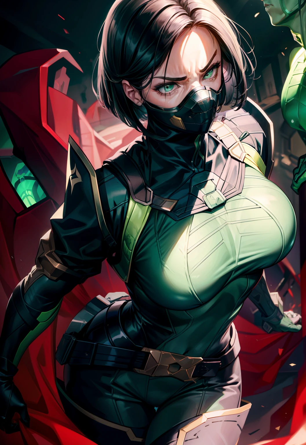 Masterpiece, Best quality,Look at the woman from below ,《Fearless viper》, tightsuit, mitts, belt, thigh boots, respirator, view the viewer, face, Portrait, Close-up, Red-faced,Glowing eyes, green smoke, Black background,huge tit,Raised chest,Close-up of chest,oversized boobs,chest focus,Woman in a swimsuit,angry look,Extremely erotic figure,Staring angrily at the screen,Facing the screen,High-gloss dark style