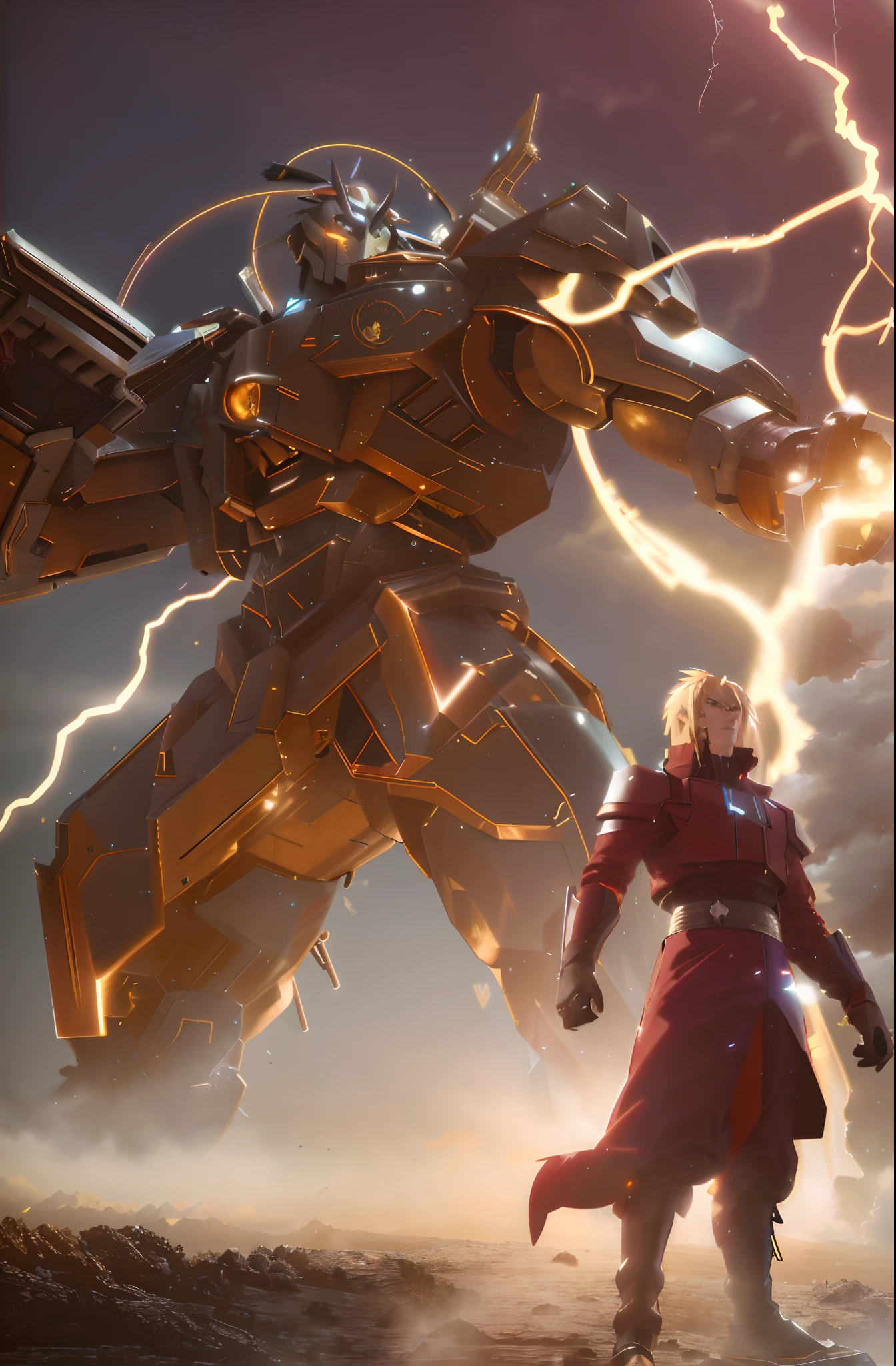 Anime character with lightning in the background and a giant robot in the foreground, Greg Rutkowski e Krenz Cushart, Wojtek FUS, Greg Rutkowski e Krenzcushart, arte chave, Artgerm e Atey Ghailan, Trending in ArtStation 4K, trending on artstation hd, trending on ArtStation, trending on ArtStation:3