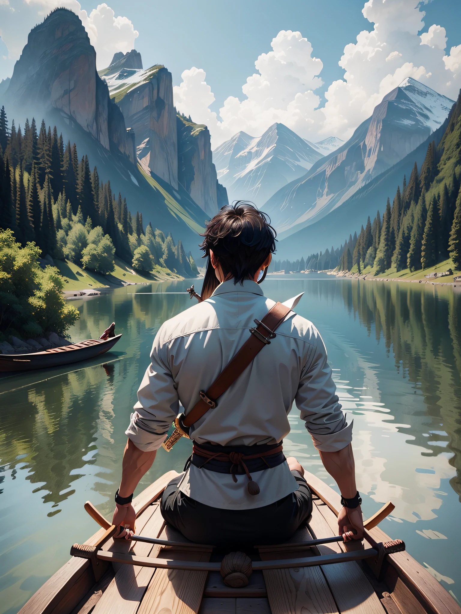 The back of a swordsman drawing his sword on an ancient boat in the lake