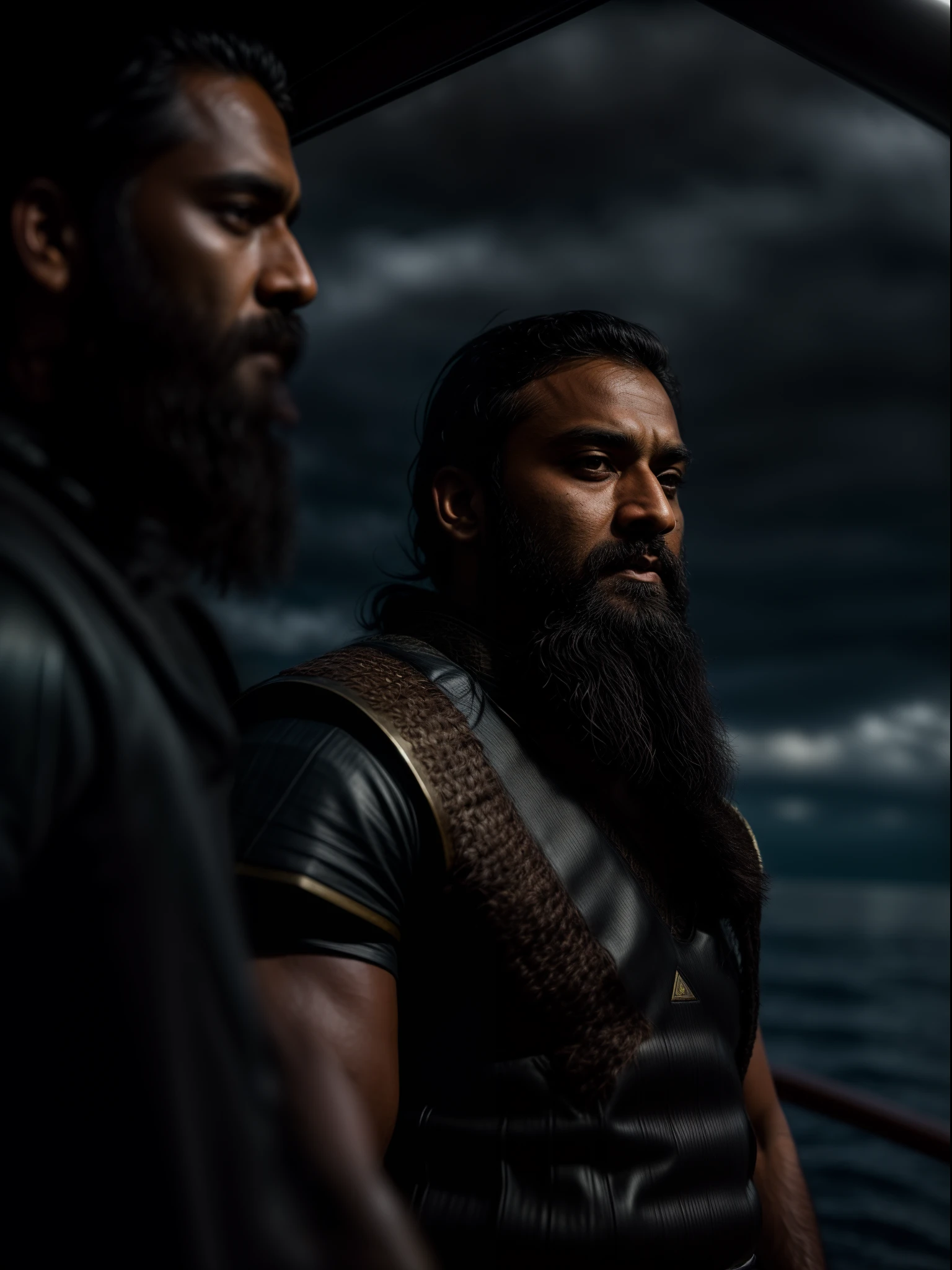Realistic 8k image of Bangladeshi cricketer Tamim Iqbal as Ragnar Lothbrok (with black hair) onboard a viking longship, front face ((low angle hero shot)), (Upper body closeup), show Tamim Iqbal as Ragnar navigating treacherous waters, Tamim Iqbal as Ragnar is navigating his crew, show Tamim Iqbal commanding the ship crew, this scene will be dark and scary, highlighting Tamim Iqbal sailing on treacherous waters, dark tones with moonlit seas, dark and intimidating atmosphere like Viking TV series colour tone, ((sharp focus on portrait)), (balanced composition), high quality and realistic image, cinematic style, ((Best quality, 8k, Masterpiece), rough face, detailed skin, masterpiece, professional photography, (high detail:1 1), natural skin, (detailed face and eyes), (face: 1 2), noise, real photo, film photography, high resolution, 8k, realistic, 8k UHD, SLR camera, high quality, film grain, (Fujifilm X-T20, Fujifilm Fujinon XF 50mm f/2 R WR lens, Lens focal Length 50mm, Shutter speed 1/300 sec, APERTURE: 2, ISO: 80), volumetric lighting, dark background, dark fantasy, highly detailed, sharp focus, shallow depth of field, bokeh, blurry background, high contrast, contrast lighting, (dim colours), exposure blend, (dusty:1.3)