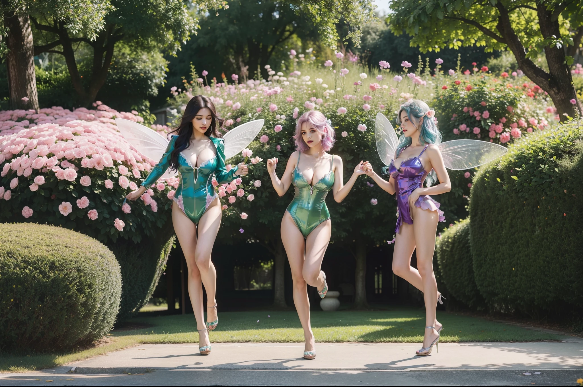 photo of 3 mature Flower fairies wearing  latex club costumes, flying by fairies wings, in flower gardens, daylight, deep shadow, photorealistic, realism, real, masterpiece, best quality, wide angle shot, full body view, real skin feeling, blonde hair, blue hair, black hair, brown hair, pink hair, silver hair, purple hair, grey hair, red hair, green hair, huge breasts deep cleavage