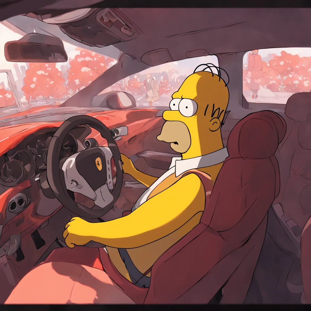 Homer Simpson sits in a Ferrari,Camera in hand, Bart Simpson, I slouched last night, The Simpsons, The Simpsons, homer simpson, Sunnyday, Listen to music at noon, sopi, It's noon, The sun is nice, 《The Simpsons》Still, 🚀🚀🚀