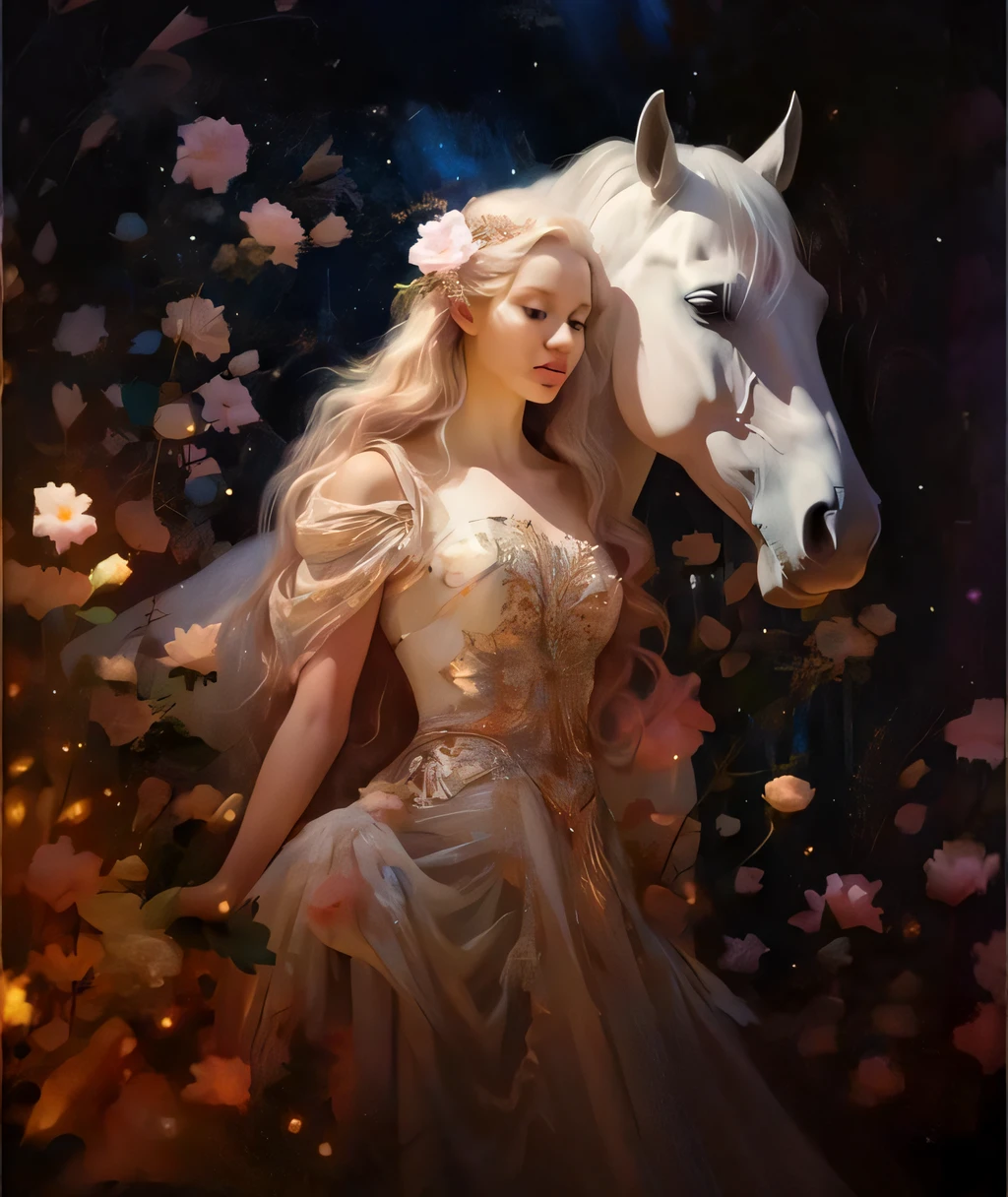 imagem arafed de uma mulher em um vestido com um cavalo, bela arte de fantasia, pintura de fantasia bonita, arte de fantasia muito bonita, por Yang J, breathtaking fantasy art, retrato bonito da arte da fantasia, Directed by: Cynthia Sheppard, Directed by: Chen Lin, retrato bonito da fantasia, amazing fantasy art, por Li Song, Graphic artist Magali Villeneuve, linda donzela fantasia, inspirado em Cynthia Sheppard