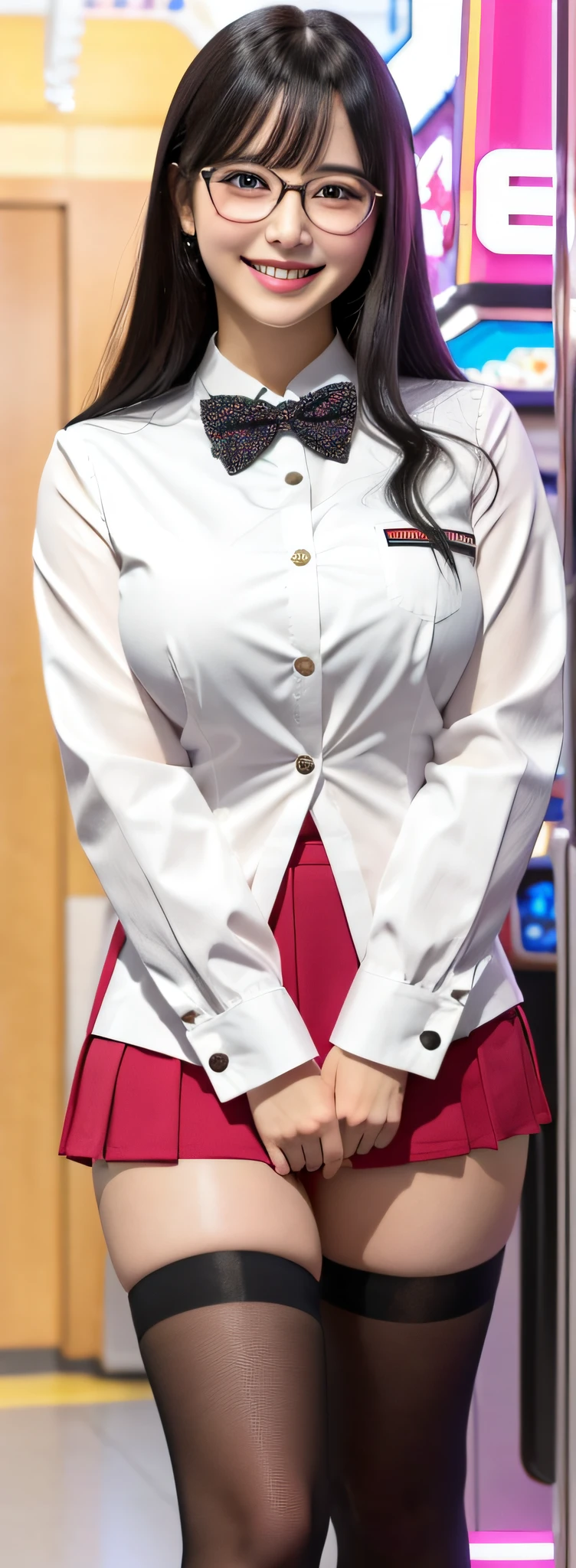 Female staff at a pachinko parlor、Upper Eyes、eye glasses、huge smile、a miniskirt、