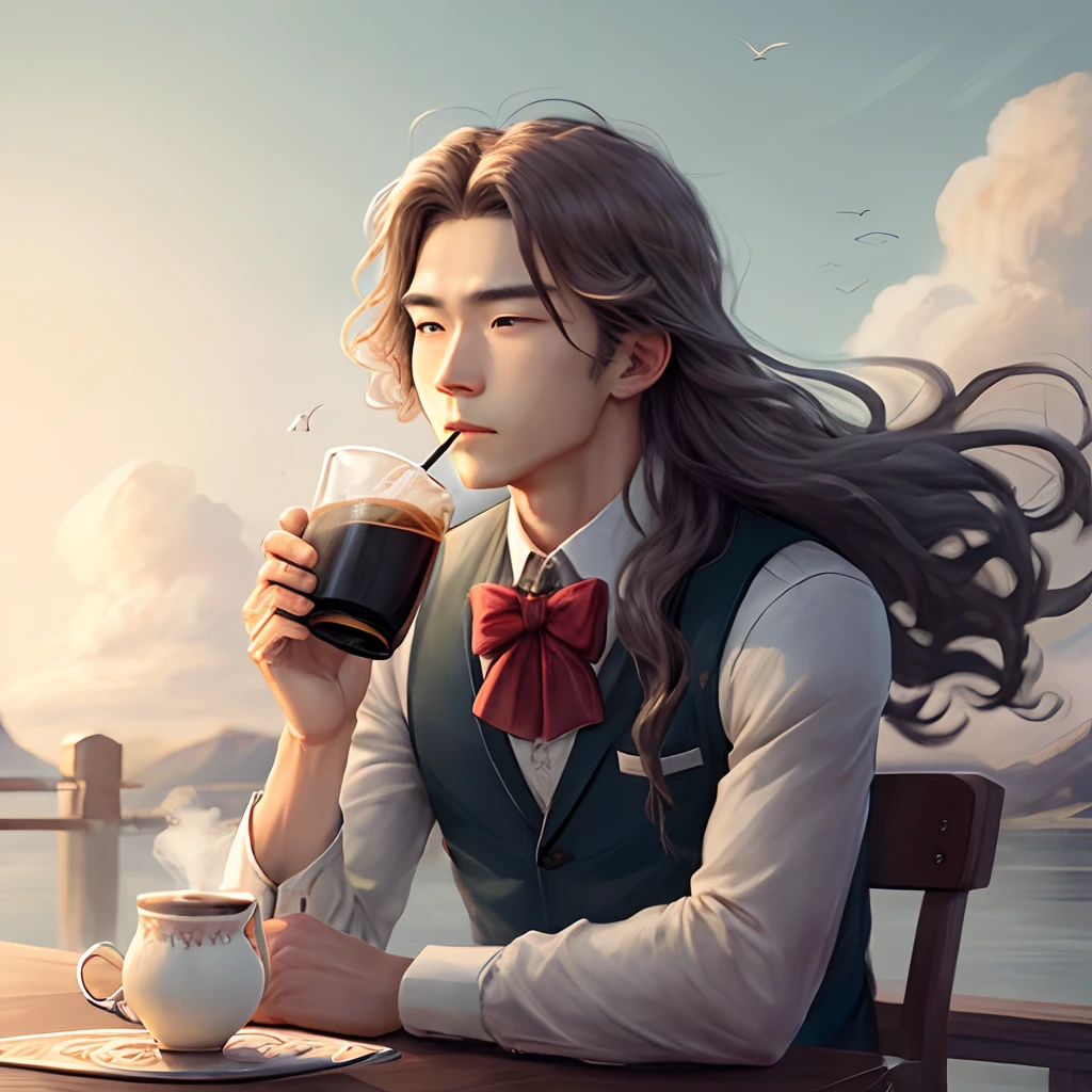 ancient wind,schoolboy,long whitr hair,Drinking tea,Lovely wind,Q version