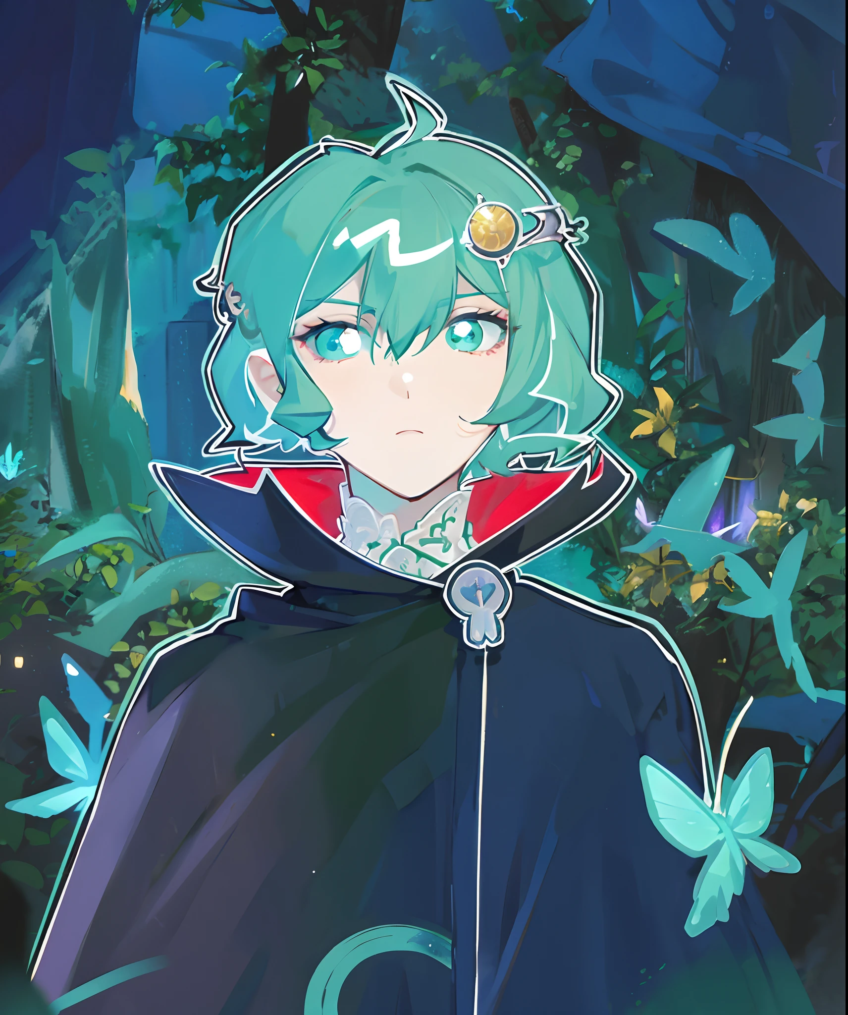 solo person,male people,Heteropupil,Mint green curls,short detailed hair,Vampire cape,Mint green eyes,bandagens,Glowing butterfly,