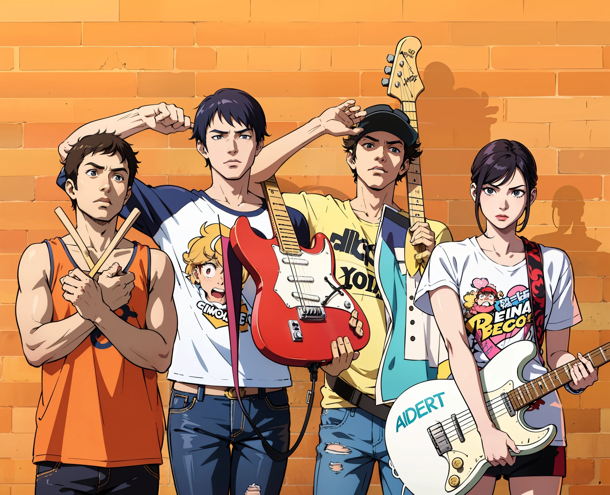 Anime poster, group of teenager posing for a picture, rock band poster, highschool band,left guy holding drum stick,