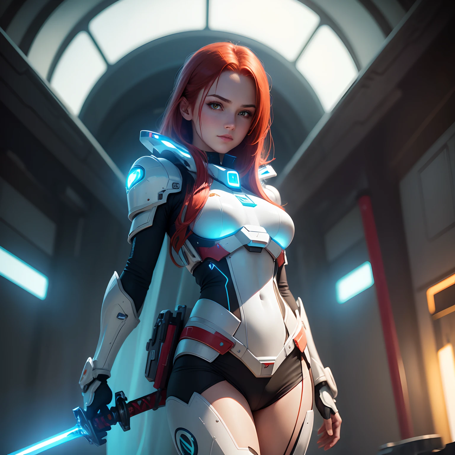 Beautiful girl, red hair, holding sword with neon details, bright green eyes(spaceship background), (ultra high resolution, realism, blue sky, photon mapping, radiometry: 1.3), science fiction, fantasy, [: a sexy girl, (white and blue mech: 1.2), upper body: 0.2] sheg, beautiful woman, best quality, super high resolution, 8K, masterpiece, clear focus, clear gaze