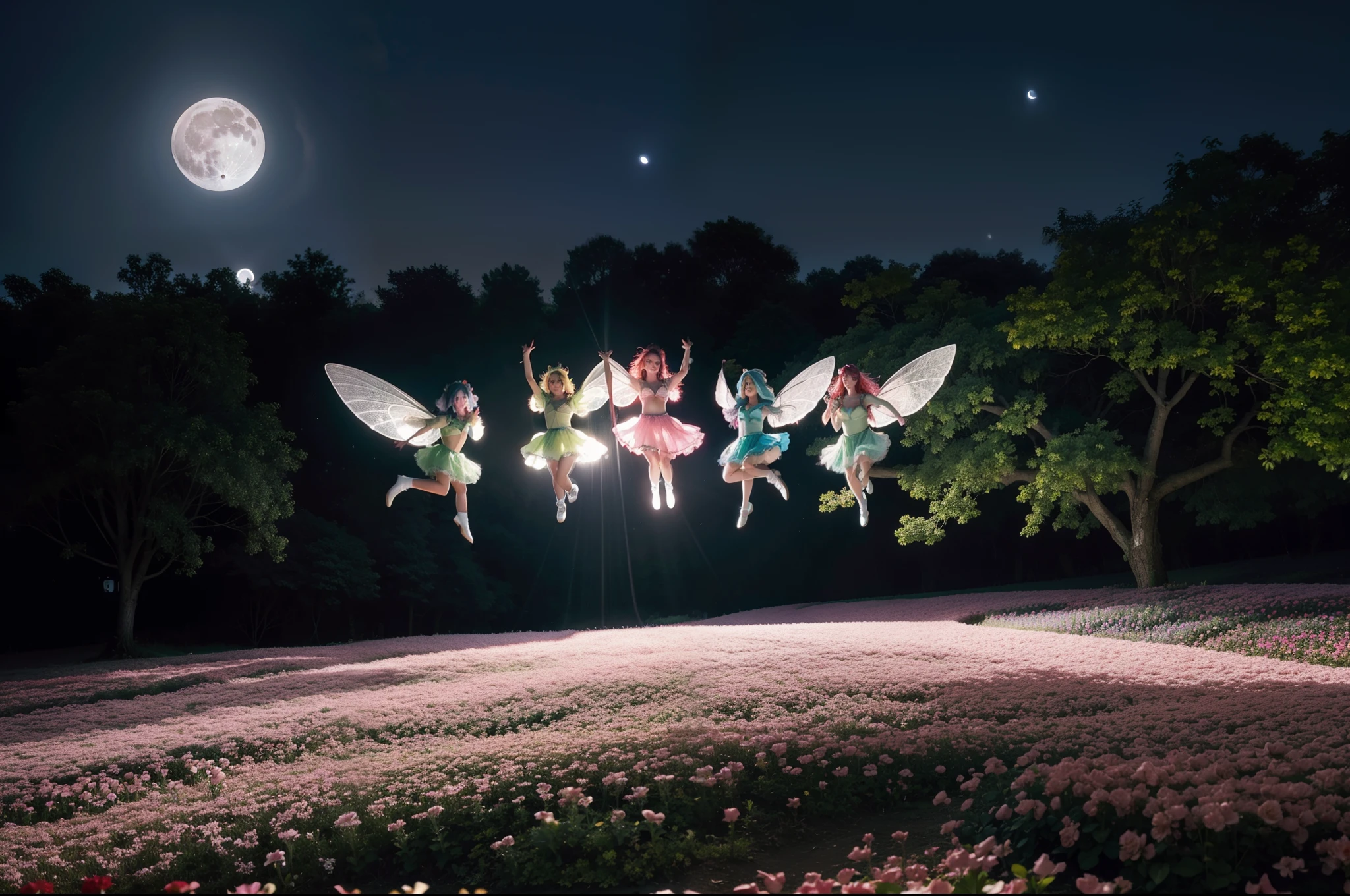 photo of 3 mature Flower fairies wearing  latex club costumes, flying by fairies wings, in flower gardens, daylight, deep shadow, photorealistic, realism, real, masterpiece, best quality, full body view, real skin feeling, blonde hair, blue hair, black hair, brown hair, pink hair, silver hair, purple hair, grey hair, red hair, green hair, huge breasts deep cleavage