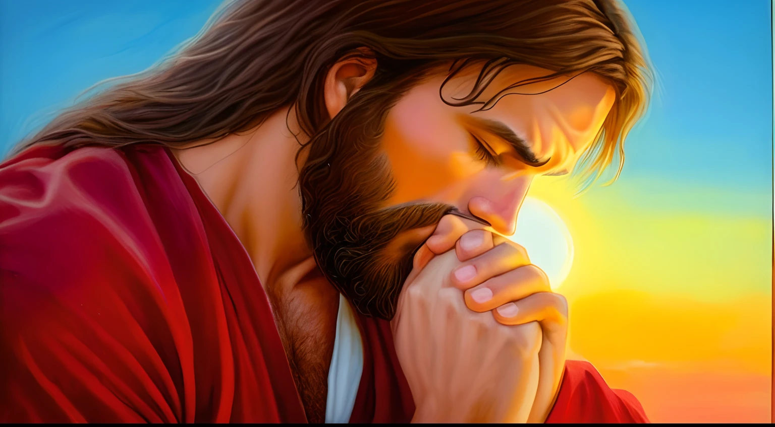 Painting of Jesus praying with hands clasped, praying, kneeling in prayer, Jesus, Retrato de Jesus Cristo, Jesus Cristo, Christian art, rosto de Jesus, Absorto em pensamentos, jesus of nazareth, Her eyes are closed, doing a prayer, praying posture, pintura religiosa, jesus hugging a woman, Prayer, Christian, he is all alone