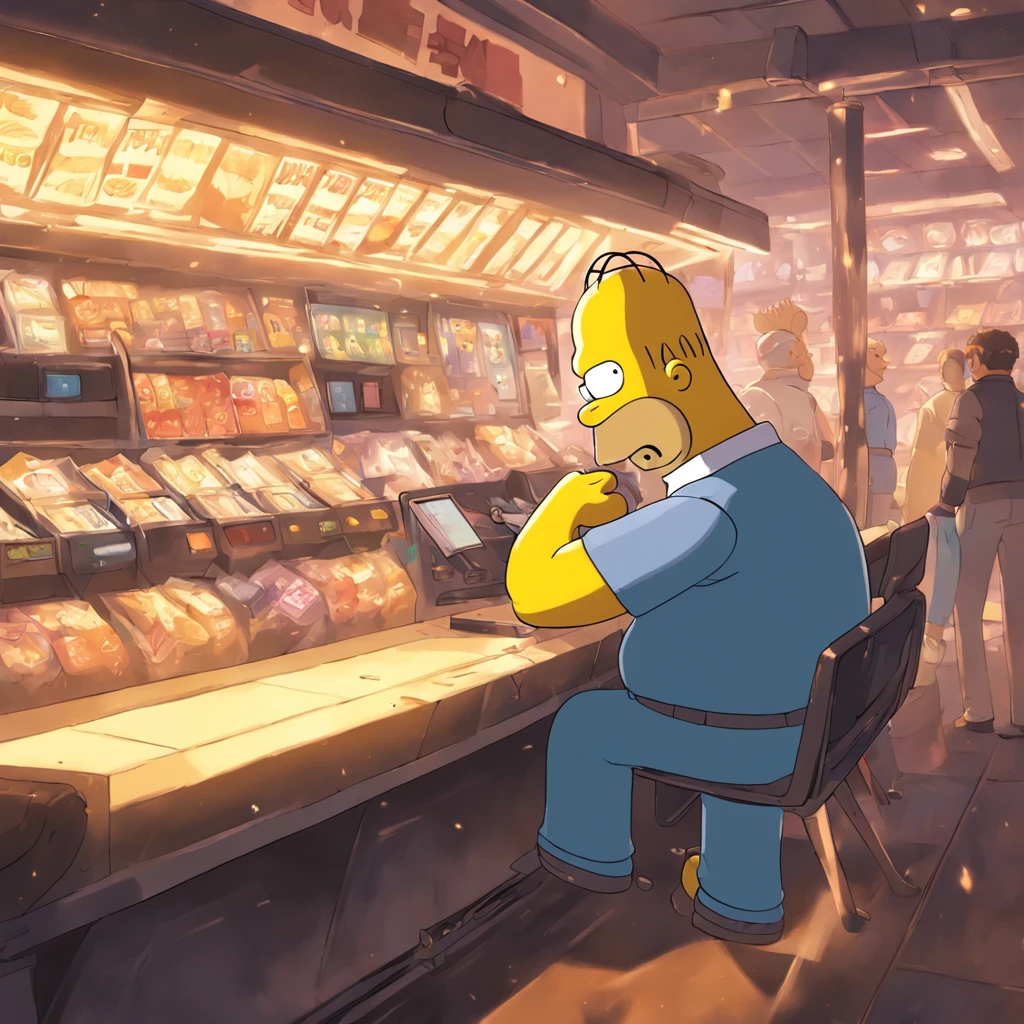 Homer Simpson sits at the cash register,Camera in hand, The expression is lazy, The Simpsons, homer simpson, Sunnyday, Listen to music at noon, sopi, It's noon, The sun is nice, 《The Simpsons》Still, 🚀🚀🚀