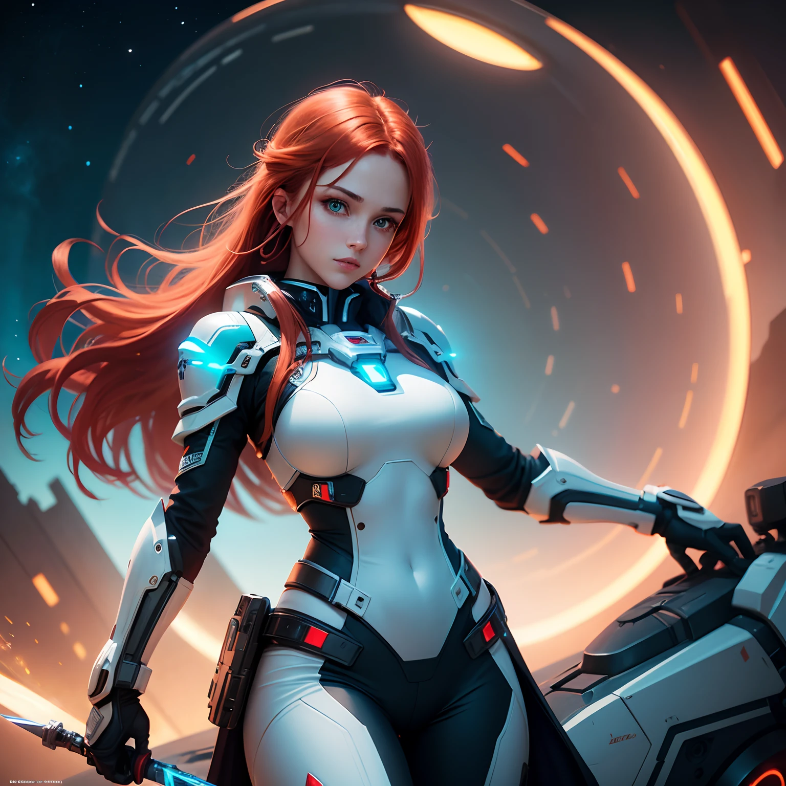 Foreshortened frontal shot of a stunning 30-year-old inspired by Bryce Dallas Howard, her striking features illuminated by starlight. He wears a tight-fitting high-tech cyber combat suit that allows you to admire his toned physique and fits his body like a glove, metallic black combat gloves, technological combat wristbands with display, very long curly and disheveled orange-red hair that falls messily. in ringlets over her breasts, combat headset with microphone, thigh holster with futuristic weapon, physically powerful girl, fit girl, dark green eyes, thick pink lips, round ass and perfect buttocks, narrow waist, normal hips, heavy makeup Very colorful tribal tattoos all over the body, absolute beauty. The girl is wearing a dark blue cape with a torn hood that is blown in the wind, very worn and broken. In the background the image of a mysterious and dark alien planet, which draws the gaze away. of the beholder of the captivating smile of the young beauty. Captivating and mysterious alien otherworldly landscape, with alien ruins and alien vegetation
