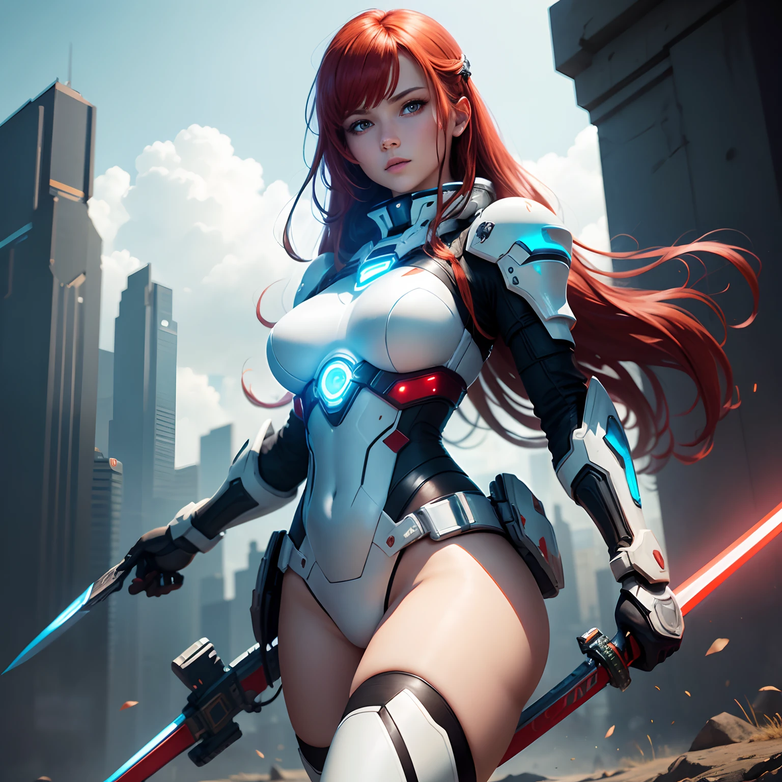 Beautiful girl, red hair, holding sword with neon details, bright green eyes(spaceship background), (ultra high resolution, realism, blue sky, photon mapping, radiometry: 1.3), science fiction, fantasy, [: a sexy girl, (white and blue mech: 1.2), upper body: 0.2] sheg, beautiful woman, best quality, super high resolution, 8K, masterpiece, clear focus, clear gaze