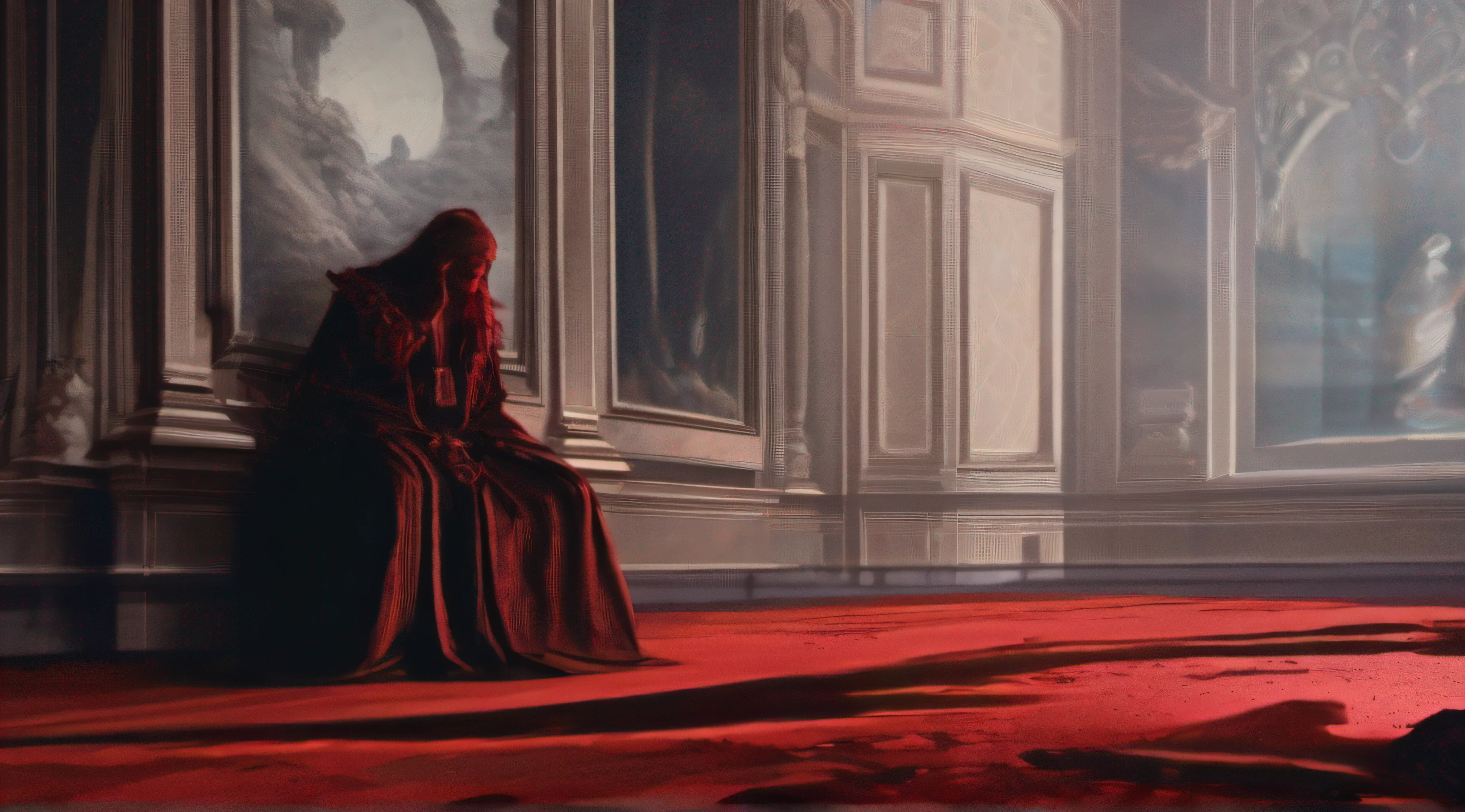 In an old hall, a body lies on the ground, banhado em sangue vermelho. Ao lado do corpo, A demonic being observes, his shadowy presence filling the space. The scene is a representation of terror and mystery, onde o sobrenatural encontra o macabro. Sombras envolvem a atmosfera, Like a painting plunged into darkness. An unholy vision that evokes fear and unrest, uma janela para um mundo desconhecido e sombrio