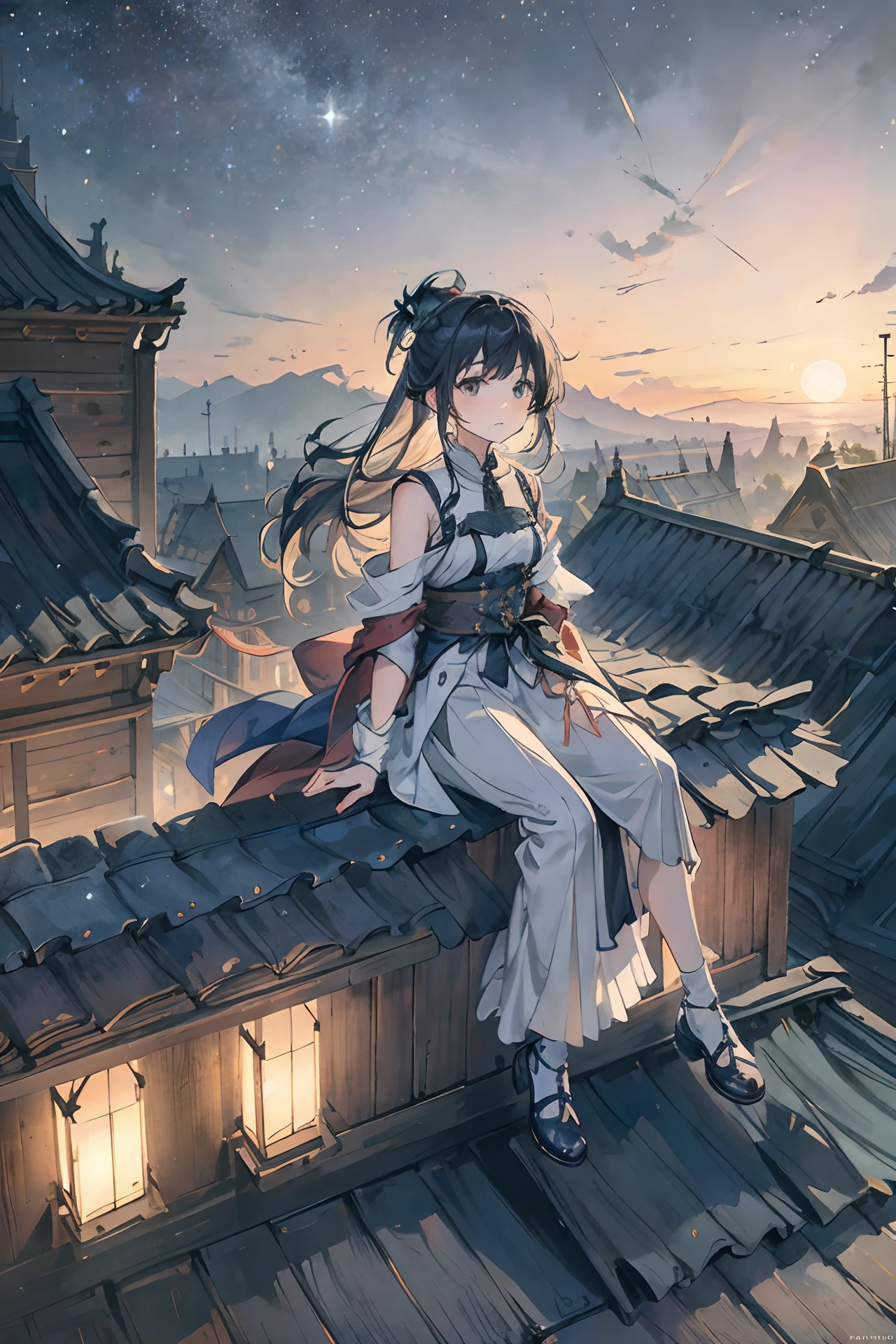 best quality,masterpiece,extremely detailed CG unity 8k wallpaper,1 girl outdoors, late, starrysky, in a panoramic view, scenecy, horizon, the roof, sitting on rooftop, ventania