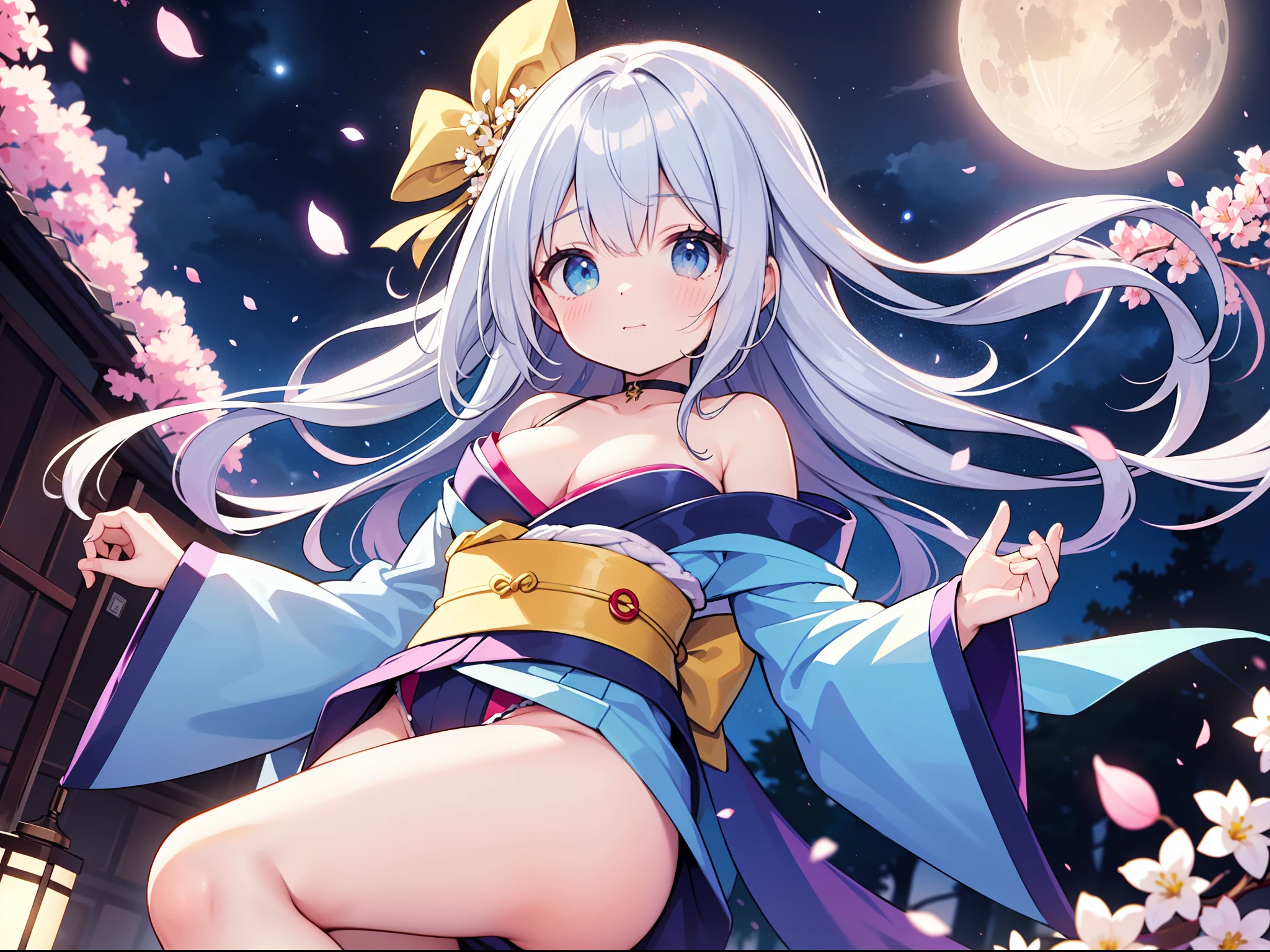 (masterpiece)、(top-quality)、(ultra-detailliert)、((single body))、One -yeld beiful girl、小柄、silber hair、Crims、White, golden, silver, light blue and red kimono、Shoulders exposed、Cleavage emphasis、Thigh exposure、Open crotch、Open legs、opening legs、Landscape with cherry blossoms、Moon Night、Composition looking up from your feet
