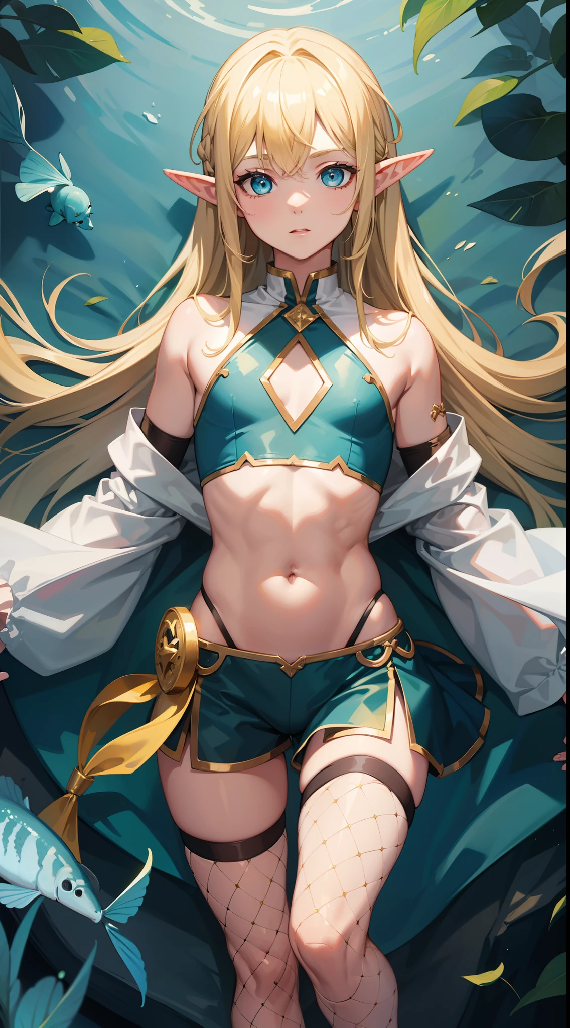 young boy, longue blonde hair, elf ears, turquoise eyes, Yellow in the upper right corner, short, Transparent, open belly, fishnet tights, Masterpiece, hiquality