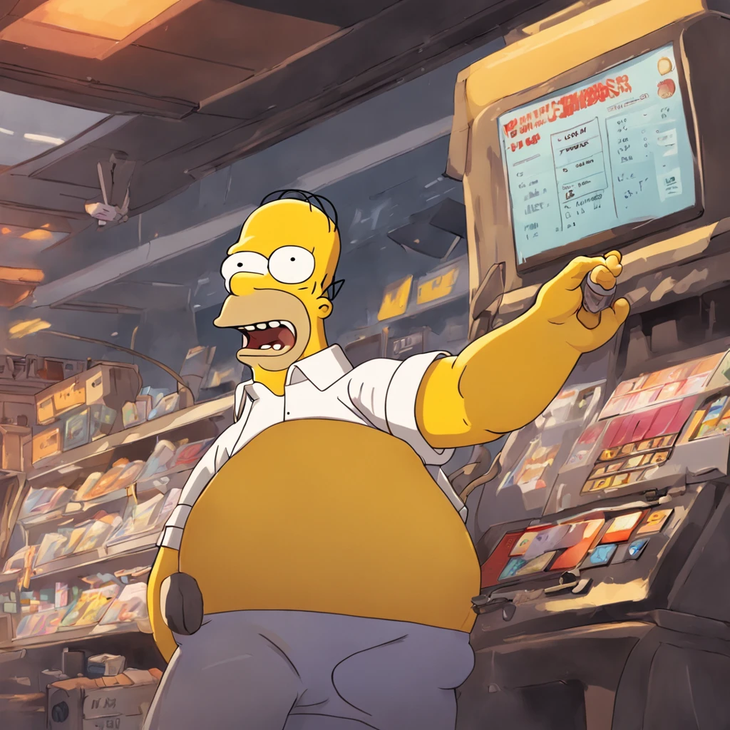 Homer Simpson sits at the cash register,Camera in hand, The expression is lazy, The Simpsons, homer simpson, Sunnyday, Listen to music at noon, sopi, It's noon, The sun is good, 《The Simpsons》still, 🚀🚀🚀