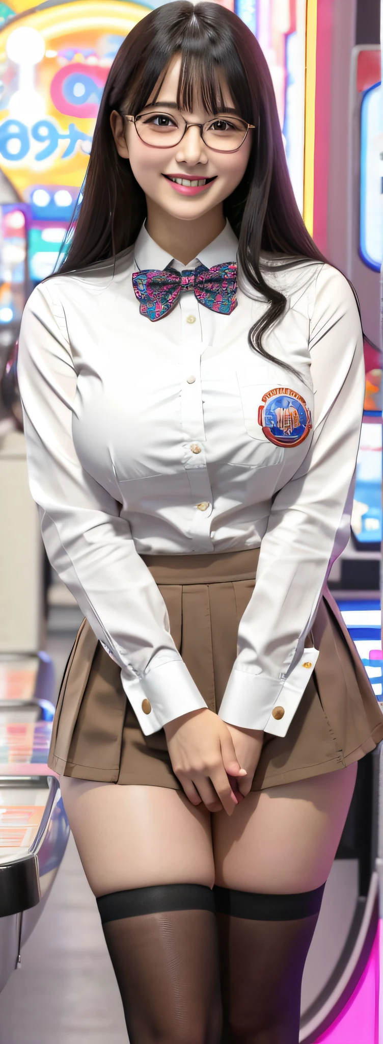 Female staff at a pachinko parlor、Upper Eyes、eye glasses、huge smile、a miniskirt、