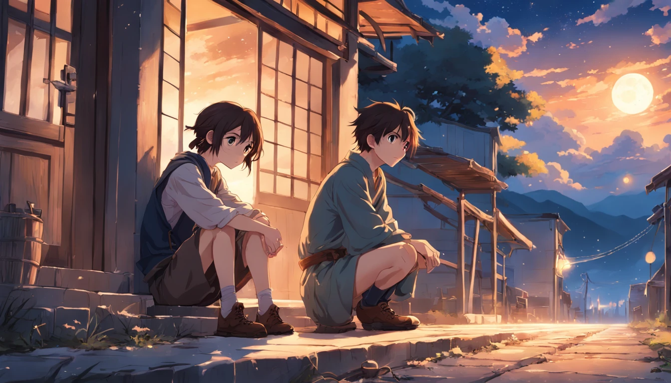 (a brown-eyed, adventurous peasant boy with a sad countenance) and (a young peasant woman), wearing shoes, in a shop, anime style, book cover style, sunset as day gives way to night, a starry sky begins rising above, surrounding image
