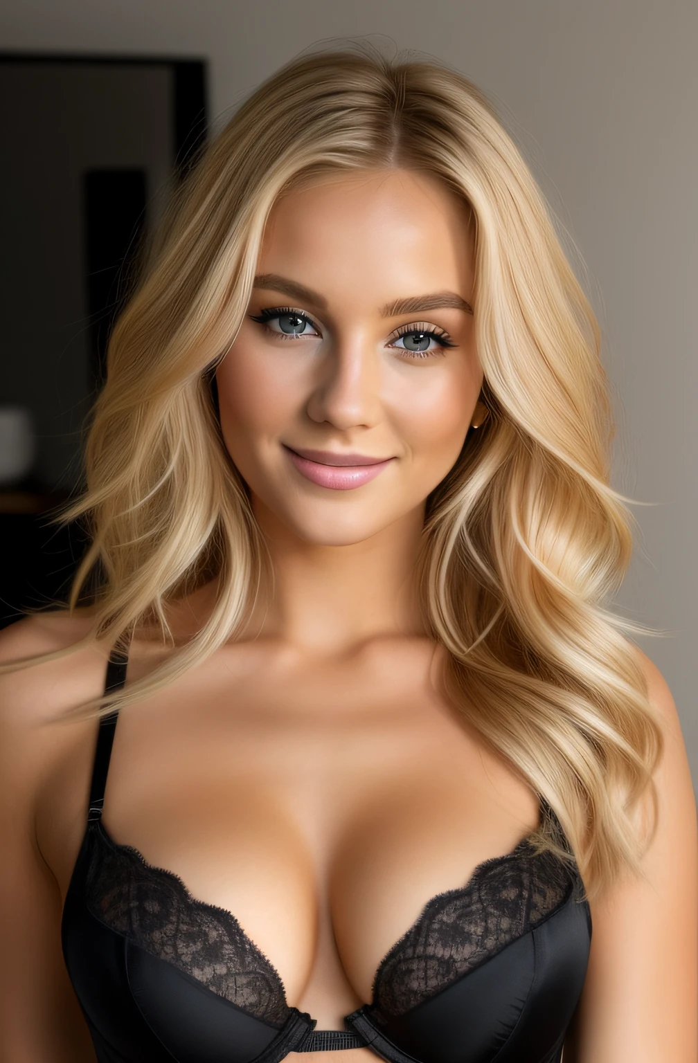 Blonde woman in black bra top posing for a photo in a studio, beautiful blonde woman, Blonde Frau, blonde and attractive features, blonde beautiful young woman, beautiful blonde girl, A beautiful blonde, sexy girl with long blonde hair, junge blonde frau, long blonde hair and large eyes, niedliches weibliches Modell, blonde hair and large eyes, Smileing, auf dem Bett sitzen, small black panties