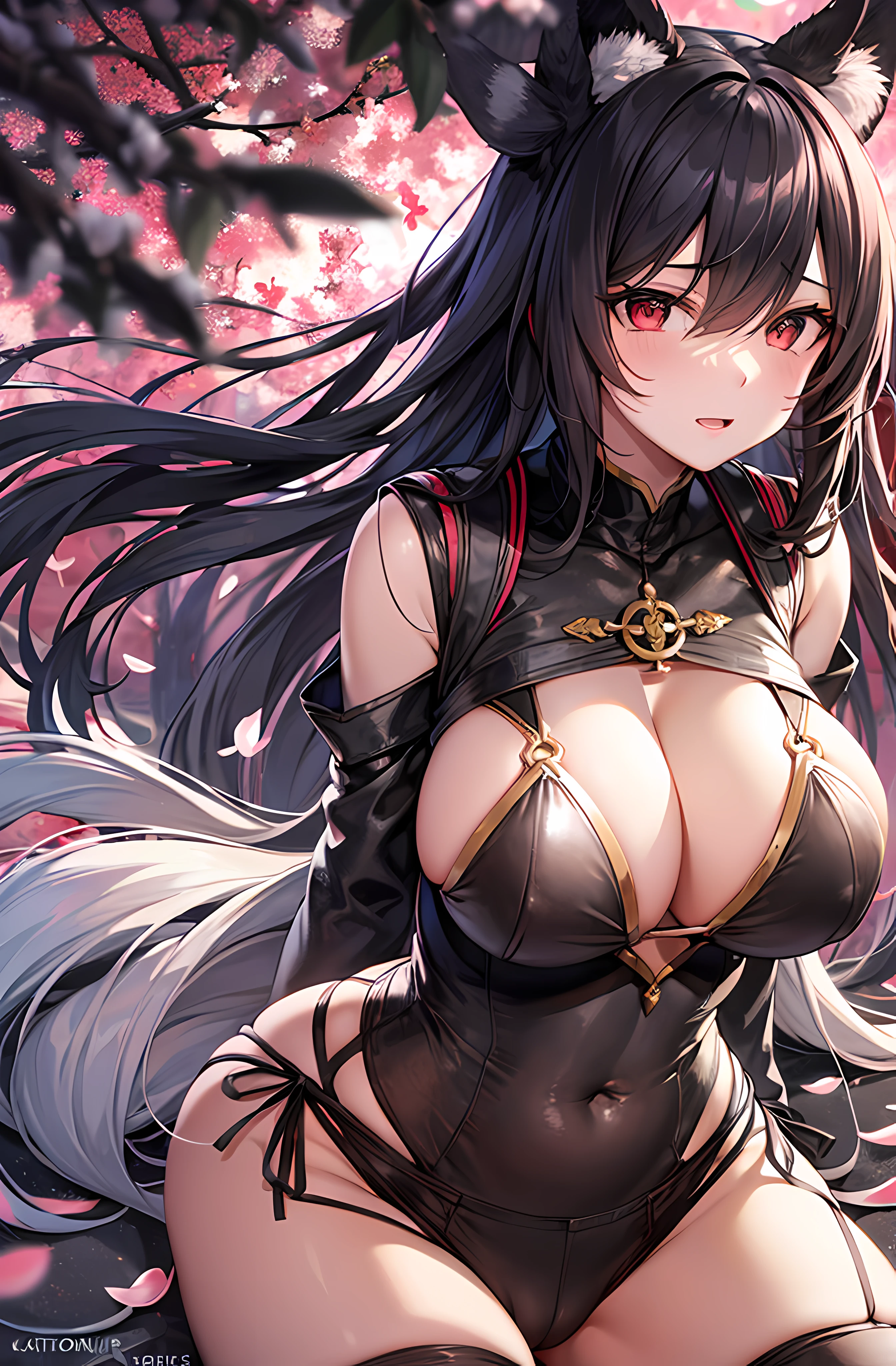 A dark-haired,Fox Face,Long,Red eyes,Black sailor suit,Japanese Katana Sword,aphrodisiac,agitation,sexuell,huge tit,独奏,The areol,undergarment,The human,Emphasis on the chest,Cuffed,defenseless,opening legs,pupils,a person,sex,human girl,breastsout,teats,cherry trees